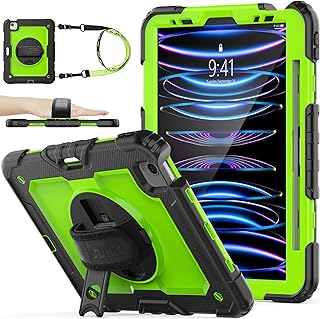 SEYMAC stock iPad Pro 11 Case 2022/2021/2020/2018, Drop-Proof Protective Case with Screen Protector 360 Rotating Stand Hand Strap & Pencil Holder for iPad Pro 11 Inch 4th/3rd/2nd Gen (Green+Black)