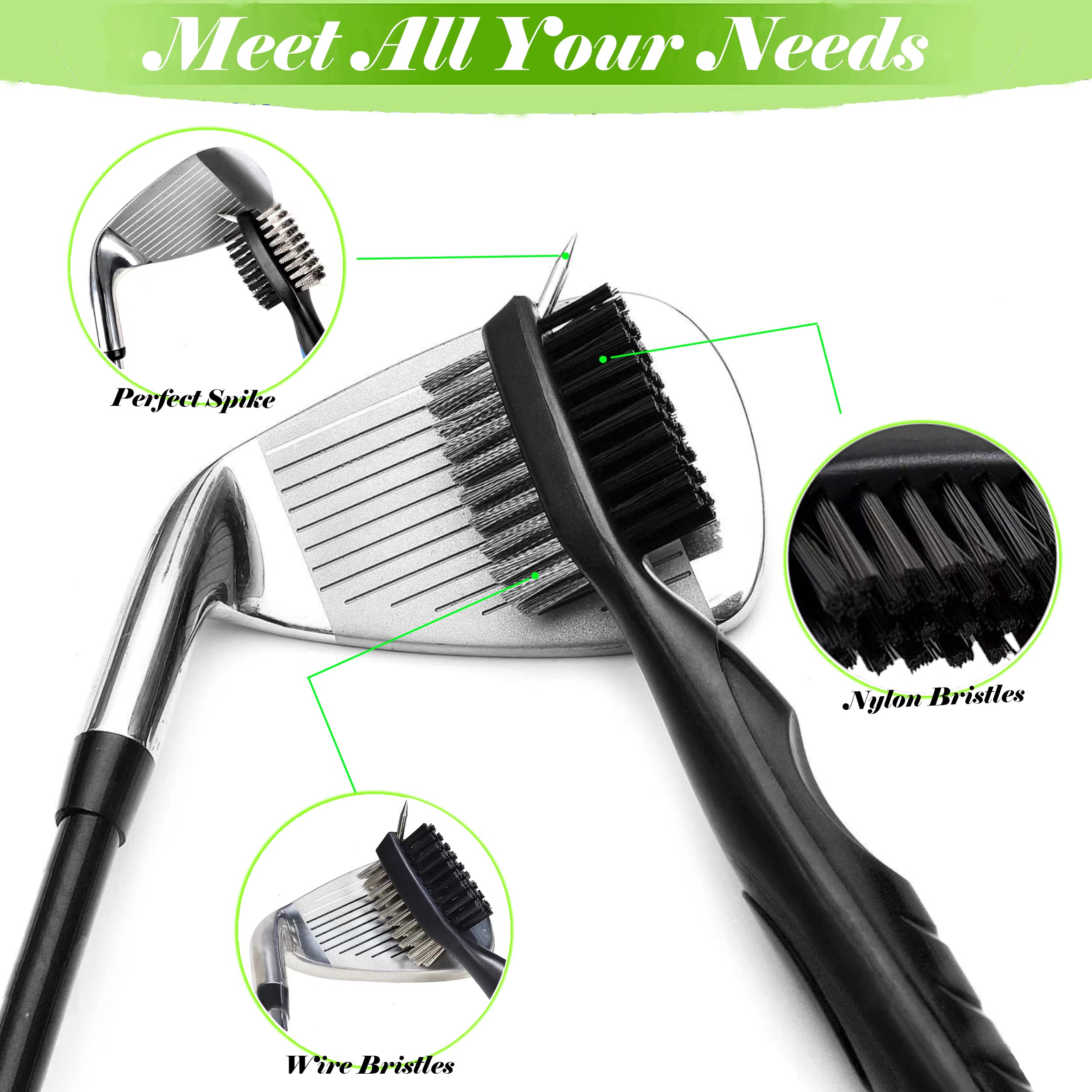 Spazzola per Mazze da Golf e pulitore per scanalature, 2 Pezzi Accessori per Mazze da Golf, con moschettone Retrattile in Alluminio e Impugnatura Comoda