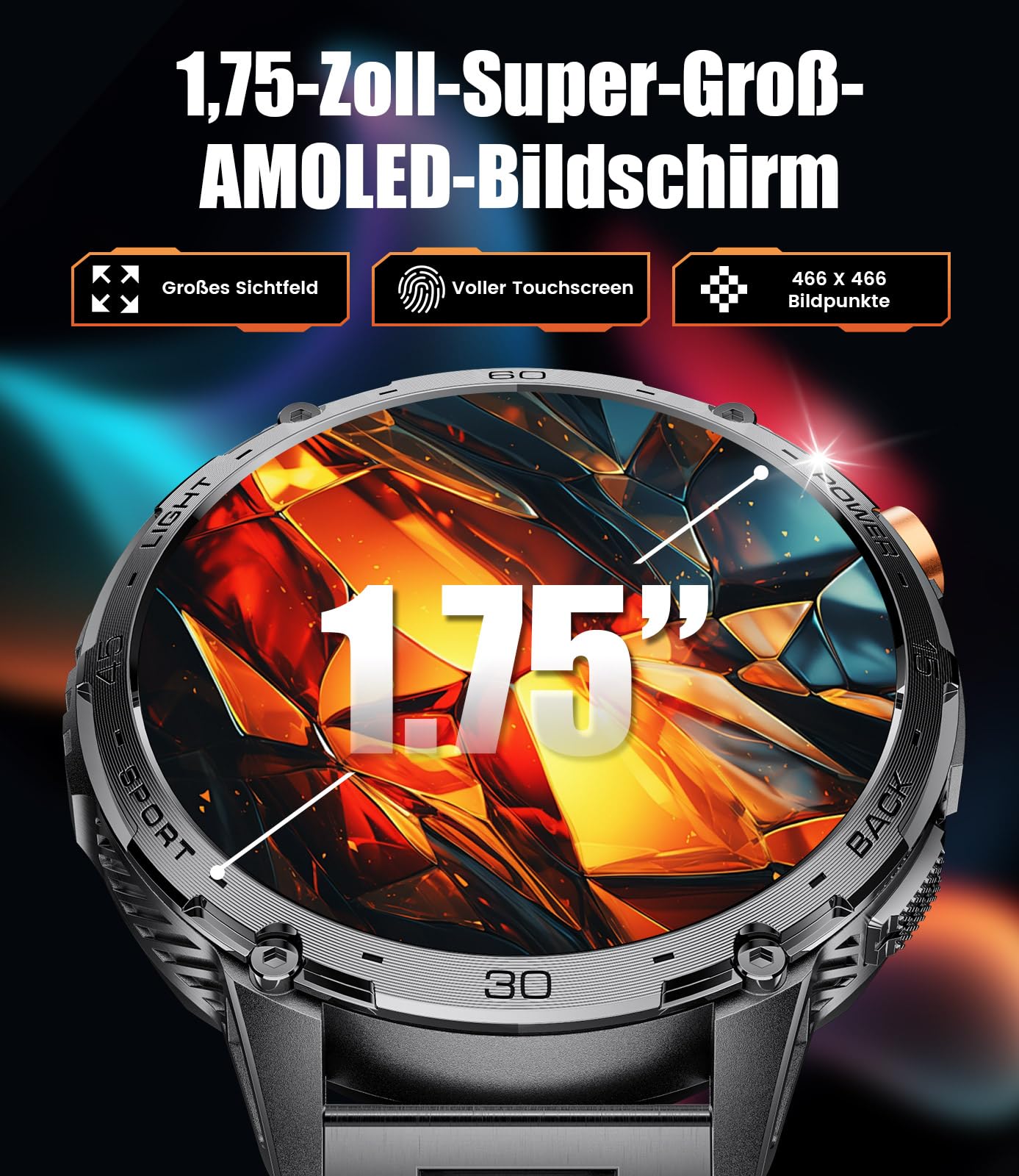 LIGE GPS Smartwatch voor heren, 48 mm, 1,43 inch AMOLED sporthorloge met led-zaklamp, telefoonfunctie, 110 sportmodi, 530 mAh accu, gezondheidsbewaking, barometerdruk, hoogtemeter, kompas, iOS