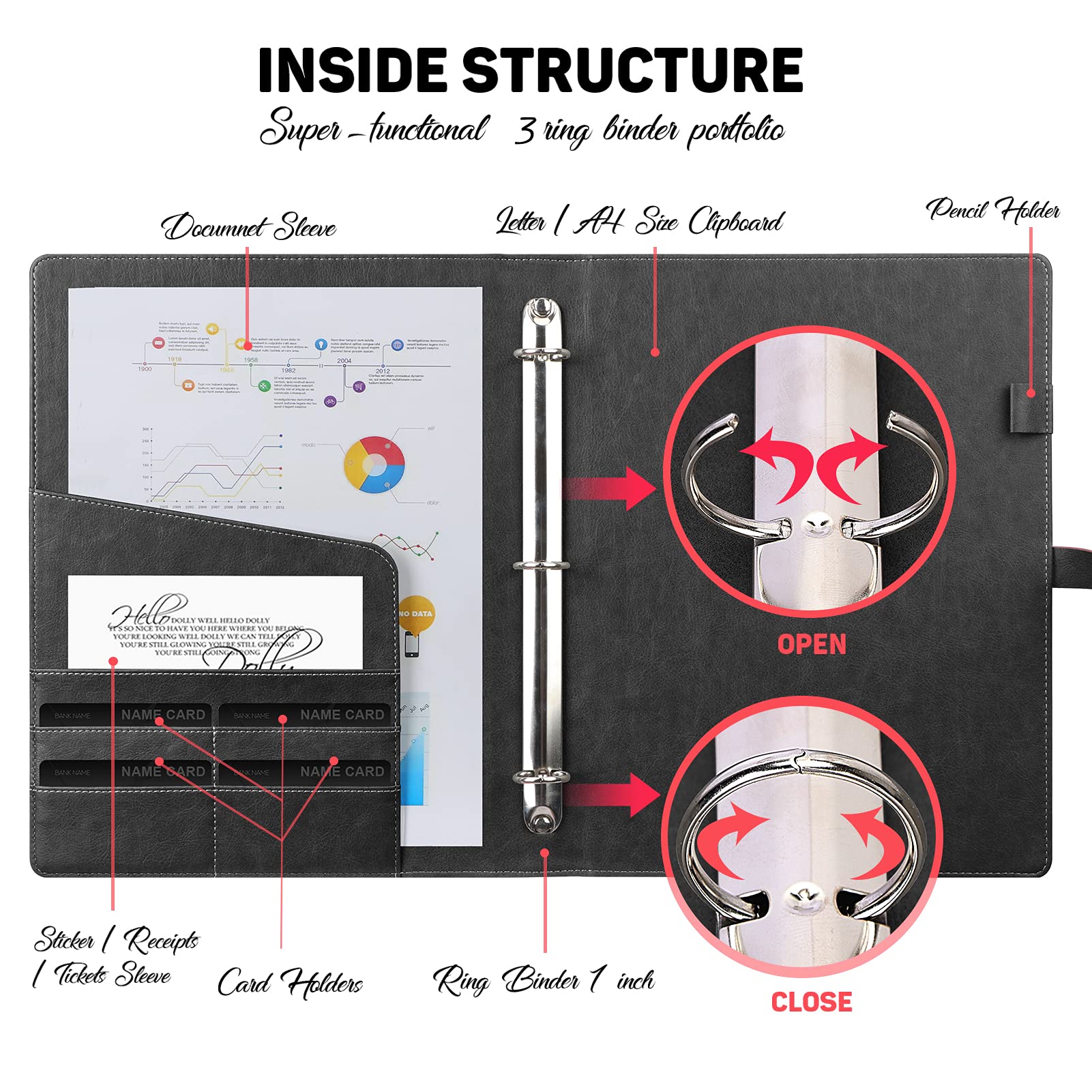 Toplive Padfolio Portfolio Folder 3 Ring Binder Business Padfolio
