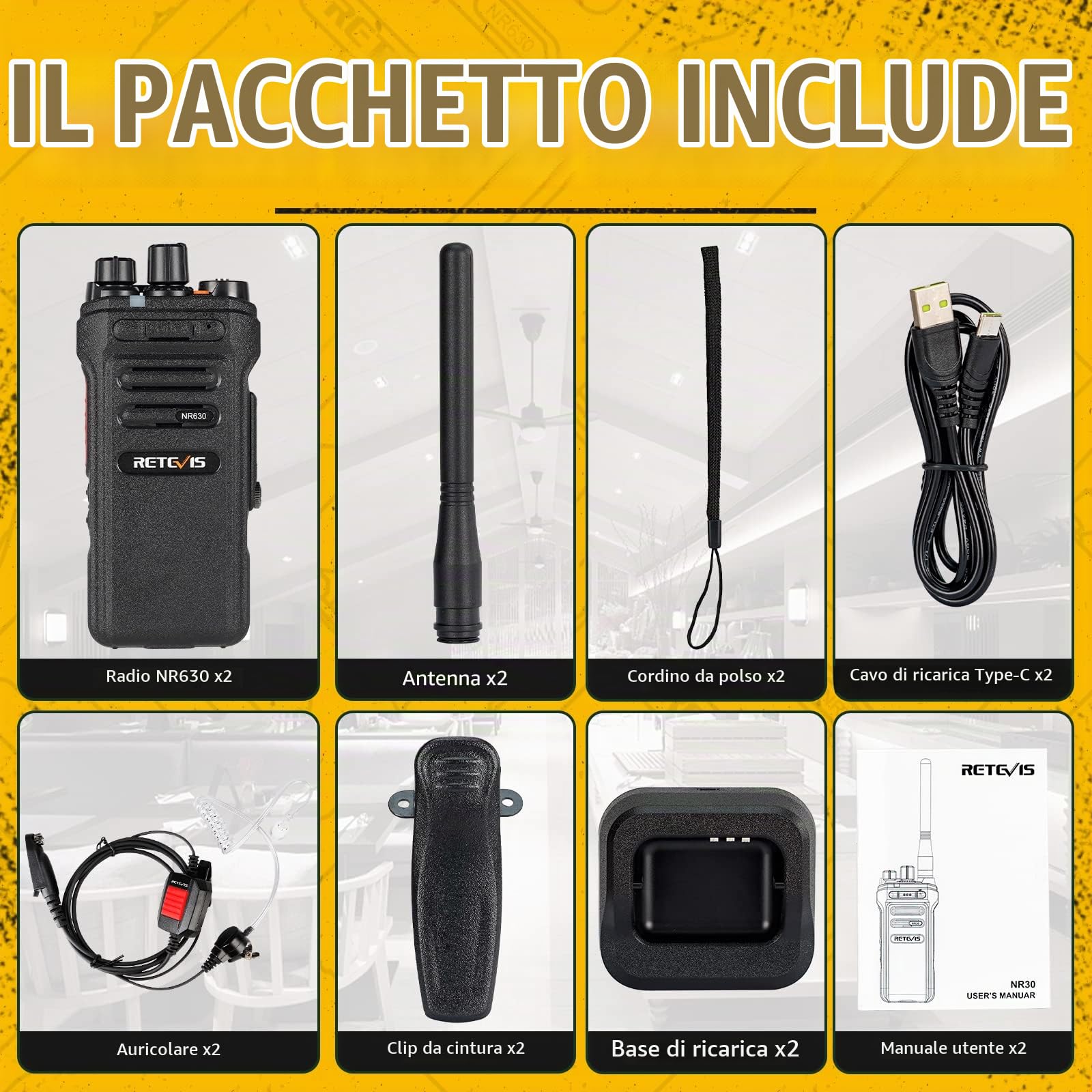 Retevis NR630 Walkie Talkie Professionali, Ricetrasmittenti a Lungo Raggio,Chip di riduzione del rumore, IP67 Impermeabile, 2800 mAh, Radio con Auricolare per Bar, Ristorante (2 Pezzi, Nero)