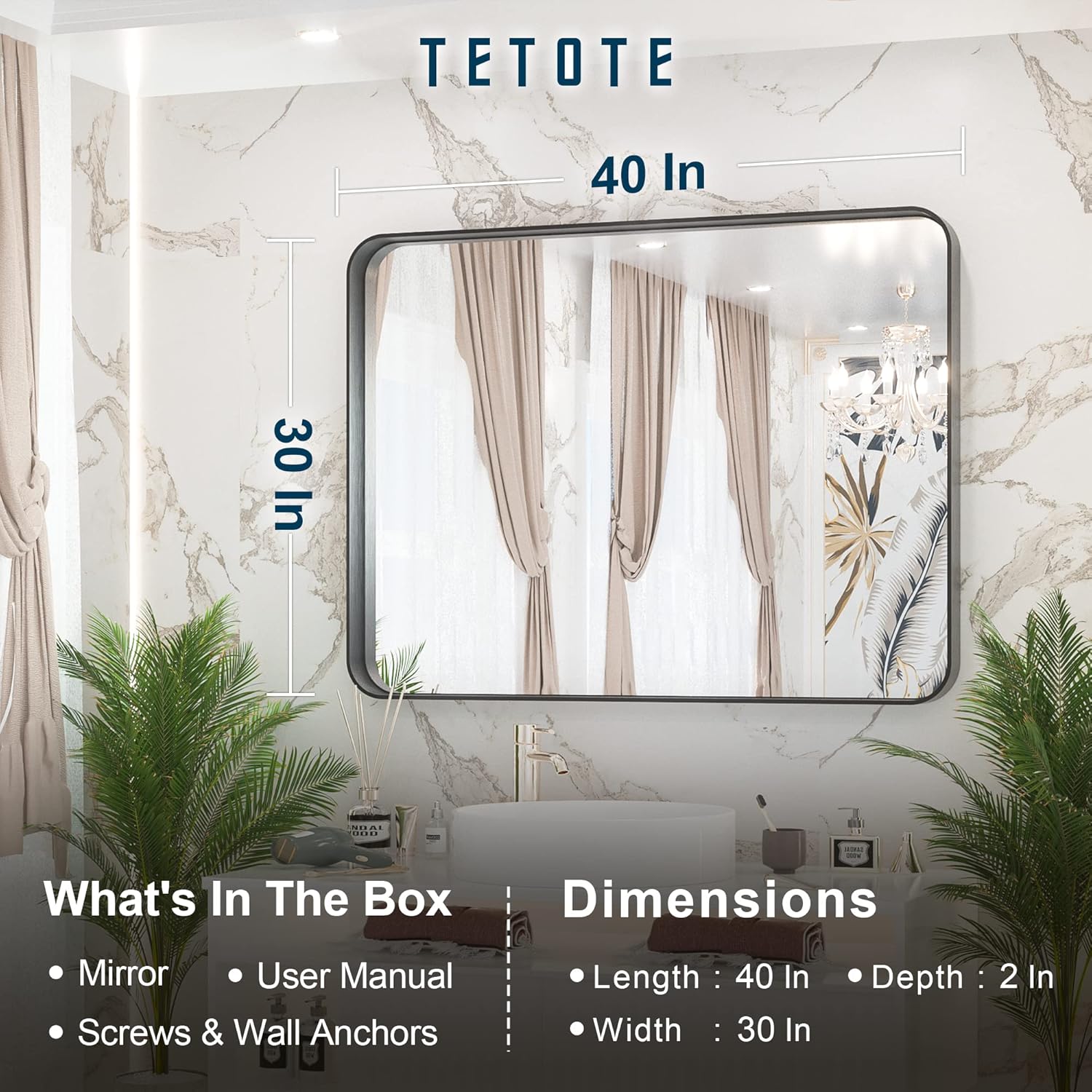 TETOTE 40x30 Inch Black Frame Mirror, Bathroom Vanity Mirror for Wall, Modern Rectangle Round Corner Matte Framed Mirror (Horizontal/Vertical) : Home & Kitchen