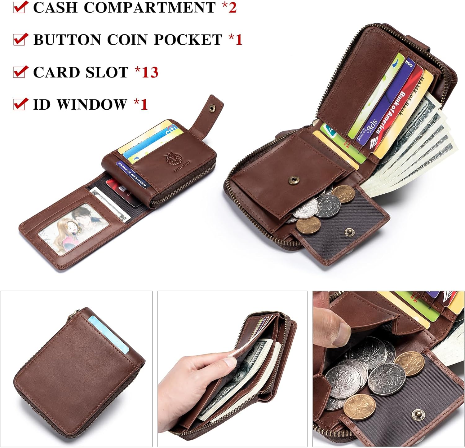 Genuine Leather Zipper Wallet for Men RFID Blocking Large Capacity Vintage Wallet with Coin Pocket ID Window, Coffee - Image 5