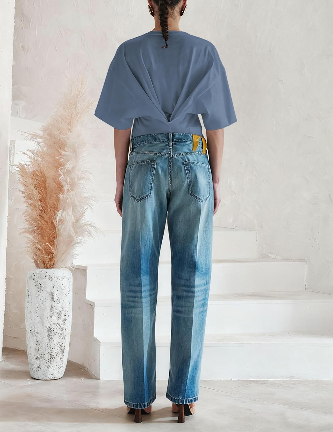 Womens Oversized Short Batwing Sleeve Tops Casual Drop Shoulders T-Shirt Draped Back Workout Tee - Image 5