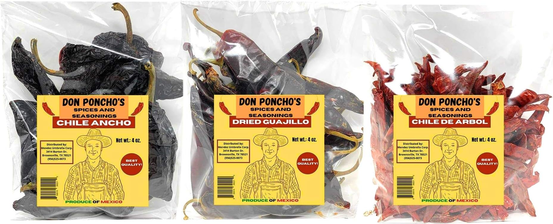Don Ponchos - Dried Chili Pepper 3 Pack Bundle - Guajillo Chiles, Chile Ancho, & Chile de Arbol - 12 oz Total Weight - Product of Mexico