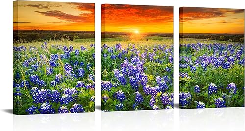 Nachic Wall Cuadro de 3 piezas de puesta de sol para pared, hermoso campo de arándanos de Texas, pintura fotográfica sobre lienzo, póster de paisaje disponible en Yaxa Peru
