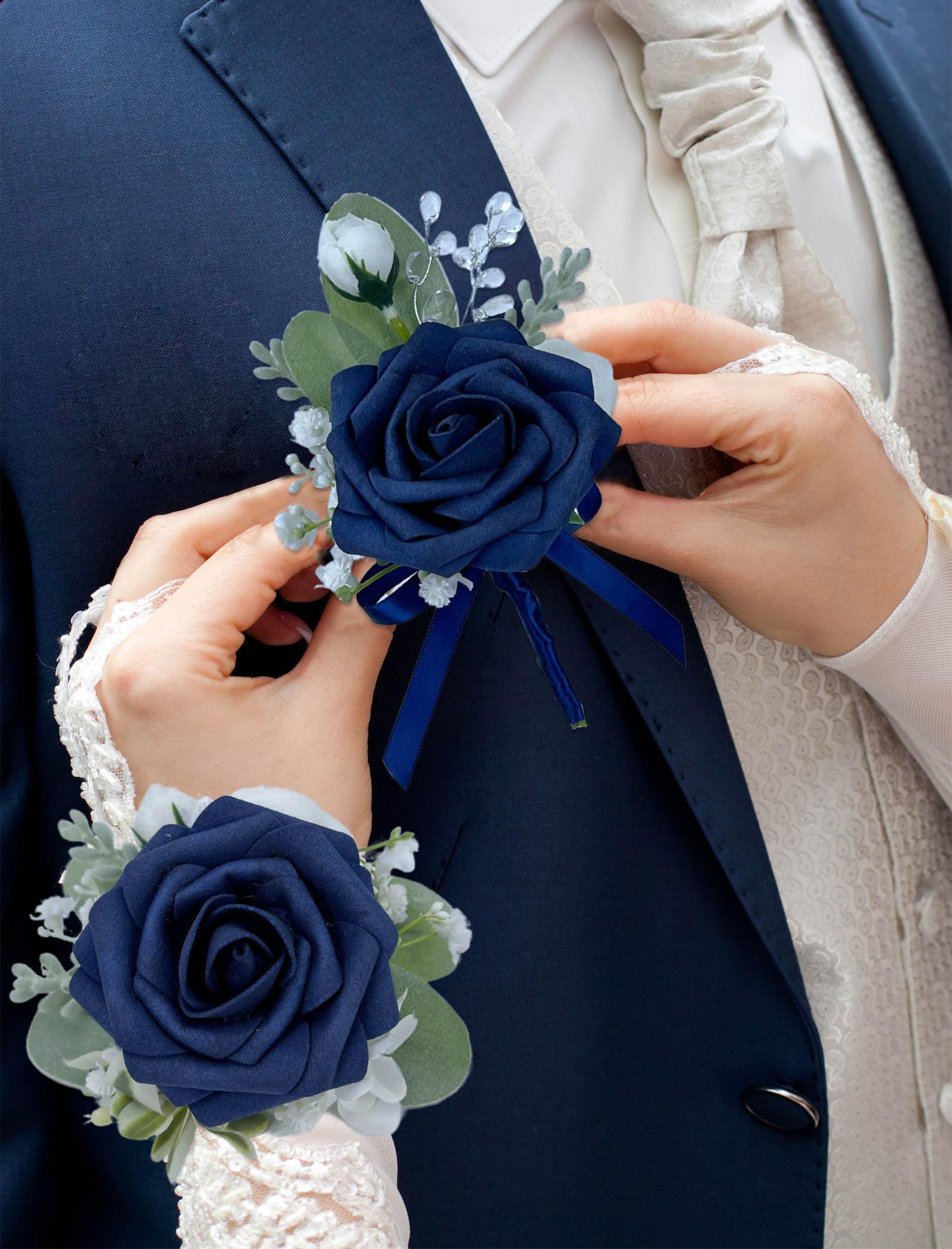 corsage ideas for navy blue dress CherishedMoments and Boutonniere Set, Handmade Artificial Rose Peony Wrist Corsage and Groom Flower Boutonniere Seaside Wedding, Anniversary, Fall Vintage Wedding: Artificial Flowers Silver corsage