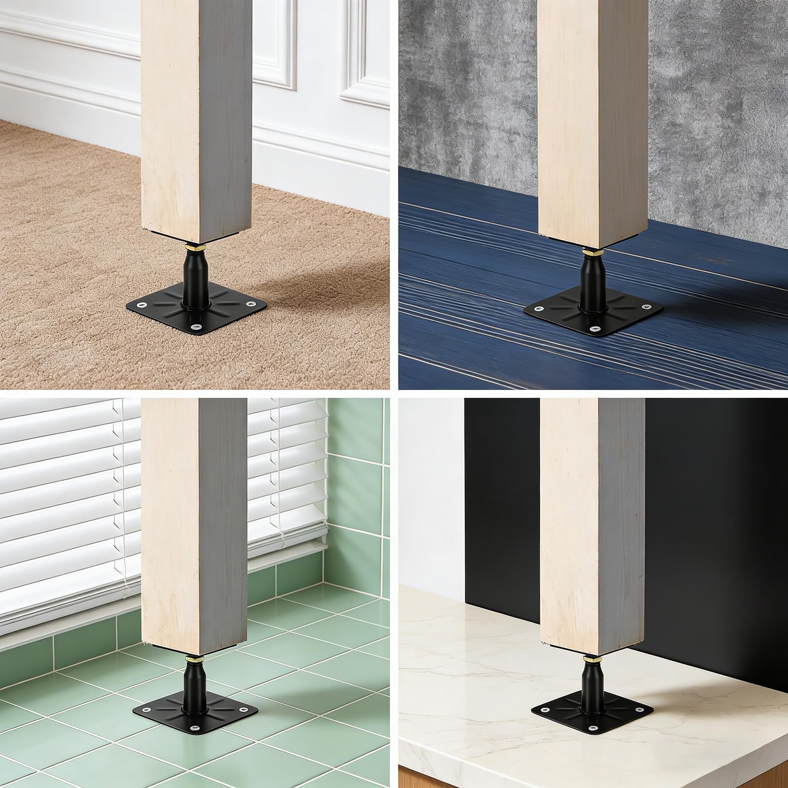 Lot de 4 supports de poteau, 100 à 150 mm, galvanisés, hauteur réglable, avec 16 vis, en acier galvanisé, pied de support pour terrasses, clôtures, abris, pergolas, travaux de construction