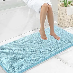 Smiry Luxury Chenille Bathroom Rugs 47x20, Extra Soft and Absorbent Shaggy Bath Mat, Machine Washable, Non-Slip Plush Carpet Runner for Tub, Shower, and Floor, Home Decor Accessories, Sky Blue