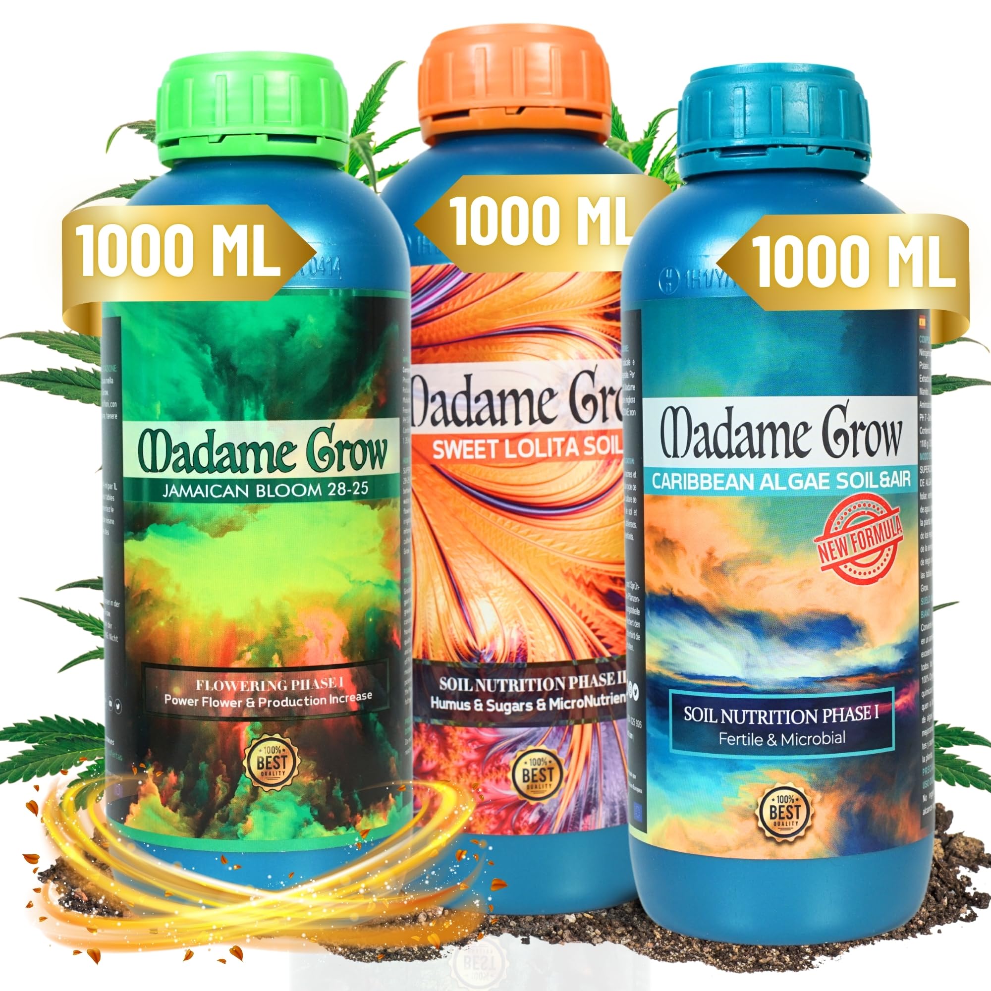 MADAME GROW Pack Ibiza 3 x 1 Litro | Kit Fertilizantes Floración con Algas Energía y PK | Caribbean Algae + Sweet Lolita + Jamaican Bloom | Pack 3 Abonos Orgánicos Floración