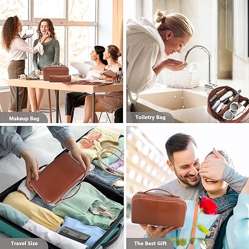 Miniatura 7 de BAGMIND Paquete de 2 bolsas de maquillaje bolsa de cosméticos de viaje de gran capacidad bolsa de cosméticos portátil de cuero durazno de gran