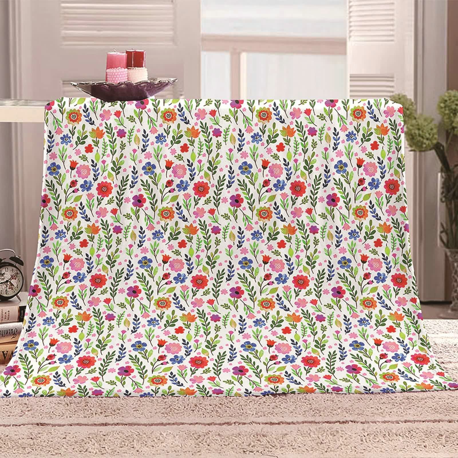 Aeici Koc polarowy, koc z nadrukiem dla dzieci, 180 x 220 cm, z kwiatami i liśćmi, narzuta na sofę, prezent dla dorosłych i dzieci
