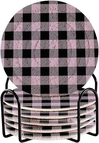 Coasters Absorbent with Holder Set of 6 Drink Coasters for Home Coasters Porta Vasos para Mesas Purple Buffalo Plaid