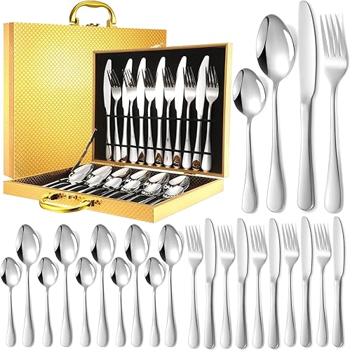 Miniatura 1 de Ziliny Juego de cubiertos de 24 piezas con caja de regalo para 6 personas, juego de cubiertos de acero inoxidable con caja de madera dorada de alta