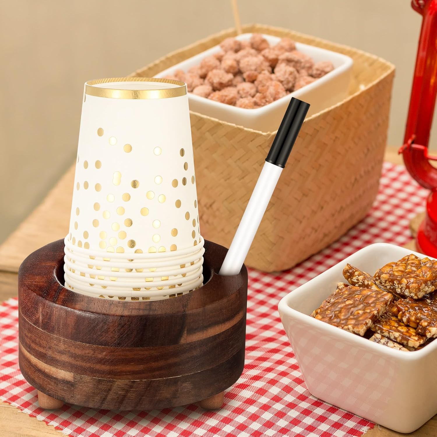 Newtay Wooden Cup Holder with Marker Slot Brown Cup Holder Dispenser Disposable Mug Dispenser for Party Decoration Bathroom Kitchen Showers Picnic Housewarming Couples Gift (Rustic Style,5 Inches)