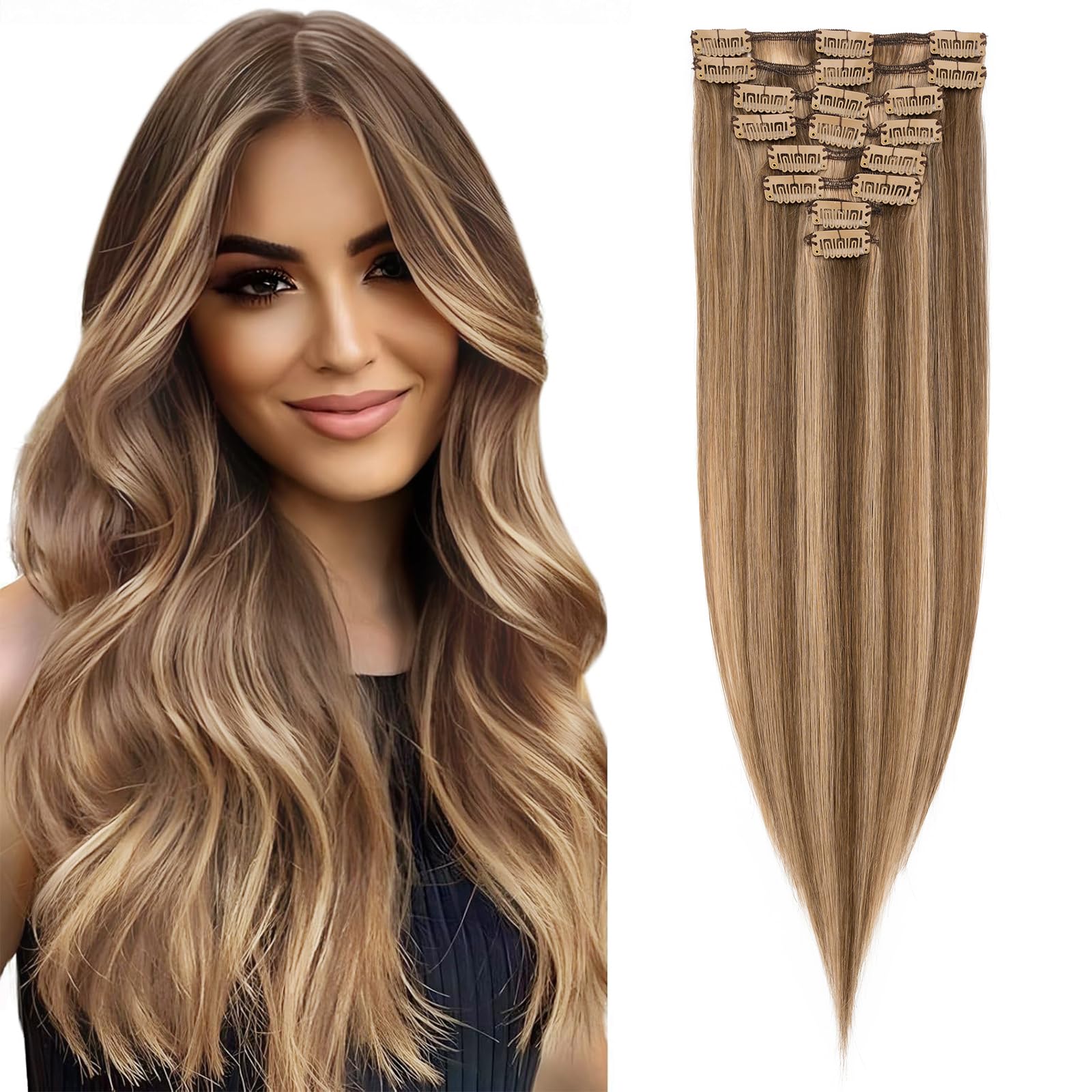 Rich Choices Clip in Extensions Echthaar 8 Stück Clip Extensions 50cm #4/27 Blonde Strähnen Unsichtbare Haarverlängerung Echthaar Clip ins Remy Seidig Gerade Natürlich - Dünne Tressen