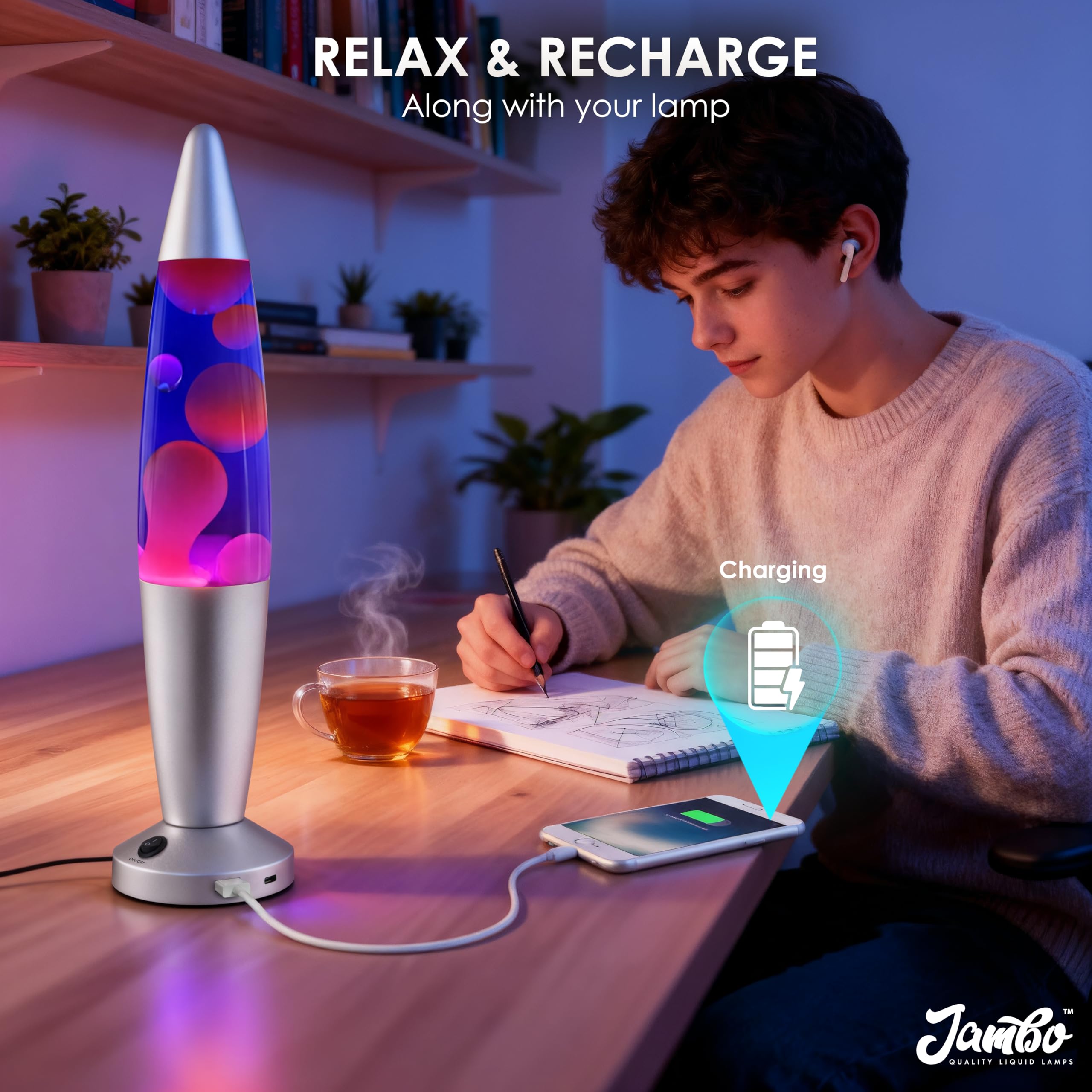 JAMBO Lampa z płynnym ruchem USB, nastrojowa lampa, wystrój domu, lampa do salonu, uspokajające światło ruchu, relaksująca lampka nocna, lampka nocna, 40 cm z portami USB (srebrna podstawa, niebieski