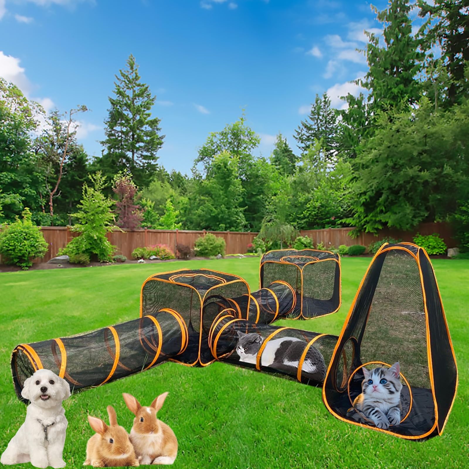 Tienda y Túnel para Gatos Al Aire Libre, Parque Portátil para Gatos 6 en 1, Túnel Plegable para Mascotas, para Gatos, Conejos, Hurones y Animales Pequeños