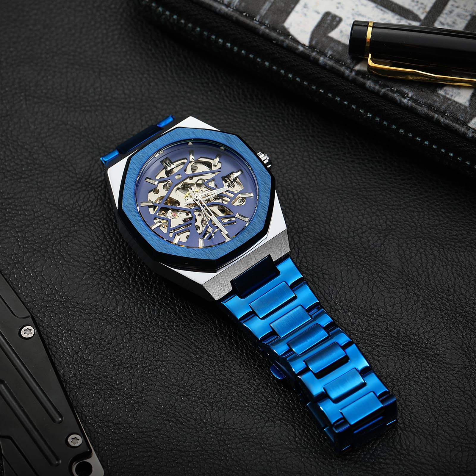 Mechanische Herrenuhr, selbstaufziehende Armbanduhr für Herren, achteckiges Gehäuse, Edelstahlband, Skelett-Design, Uhren