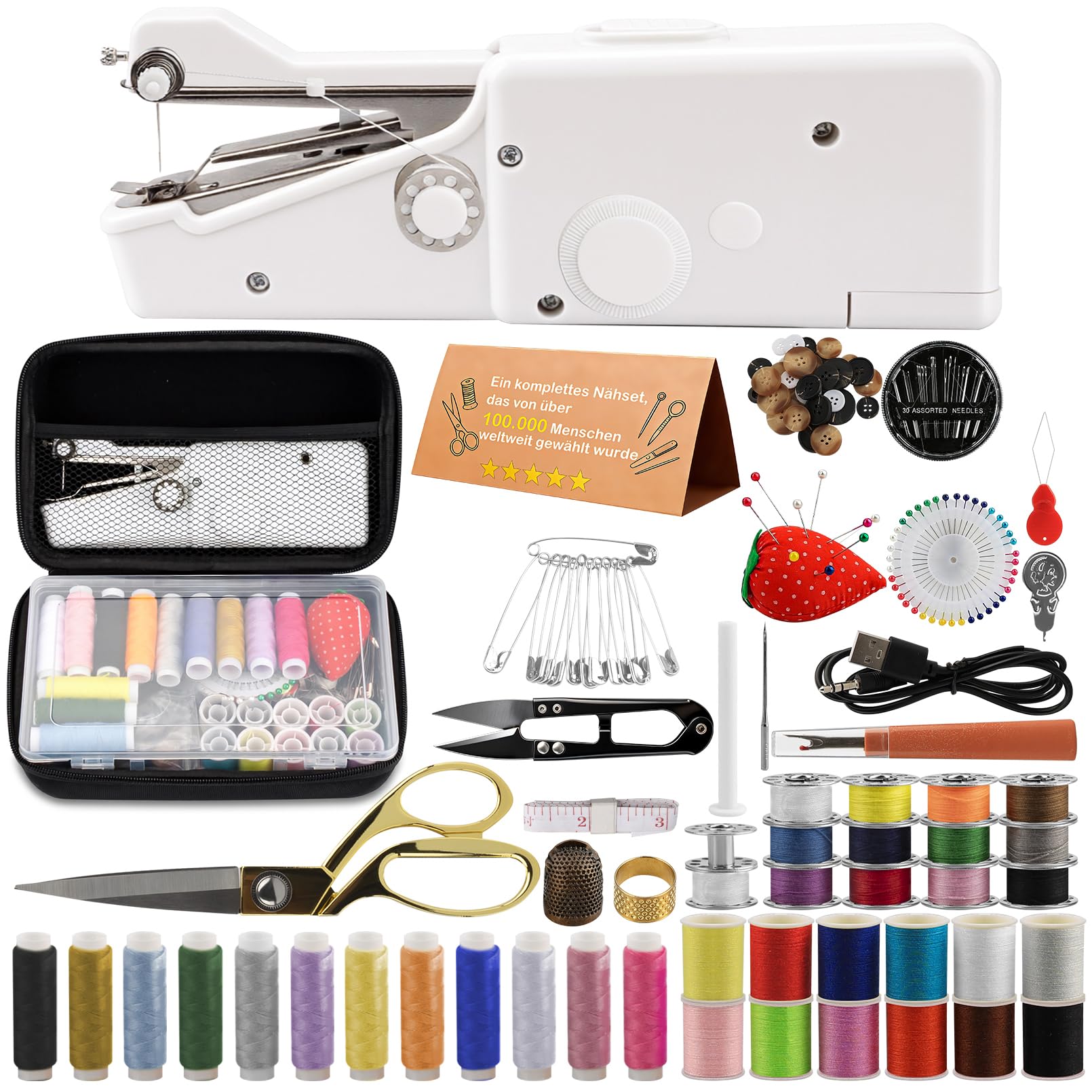 BRICH Handheld-Nähmaschine mit schneider zubehör nähen & 125-teiligem Nähset – Tragbar, Mini, Kabellos – Ideal für Anfänger und Erwachsene – Komplettes Set für schnelle Heimkleidungsreparaturen