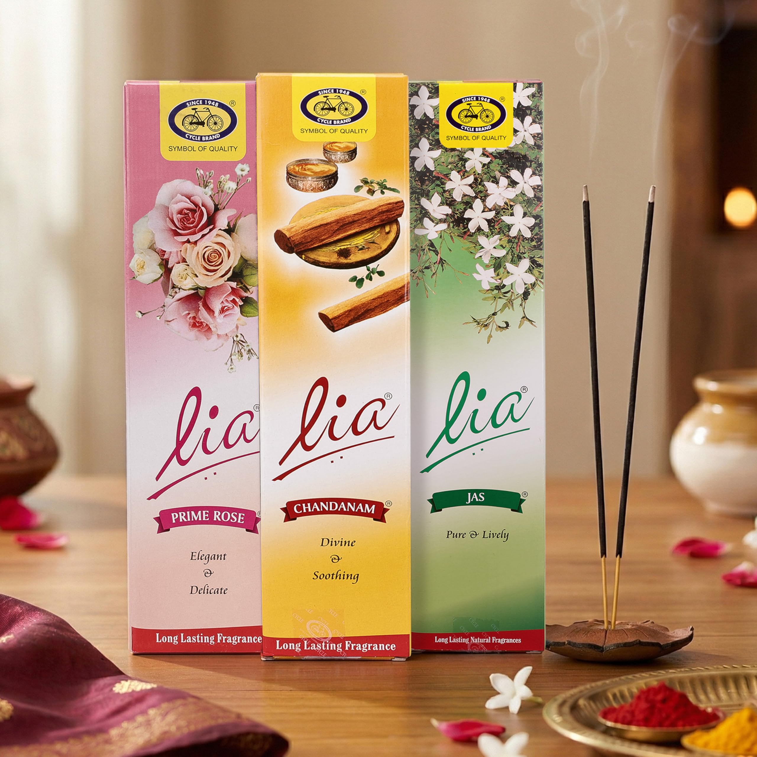 Lia Agarbatti Special Combo Pack | Pack of 3 (166 Sticks Per Pack) | Chandanam, Jas, Prime Rose Incense | Woody, Floral Incense for Puja, Relaxation, Freshness, Happy Vibes