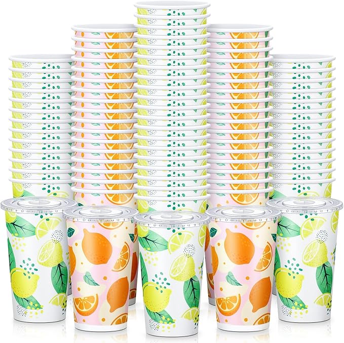 100 Set Lemonade Cups with Lids 16 oz Lemonade Cups