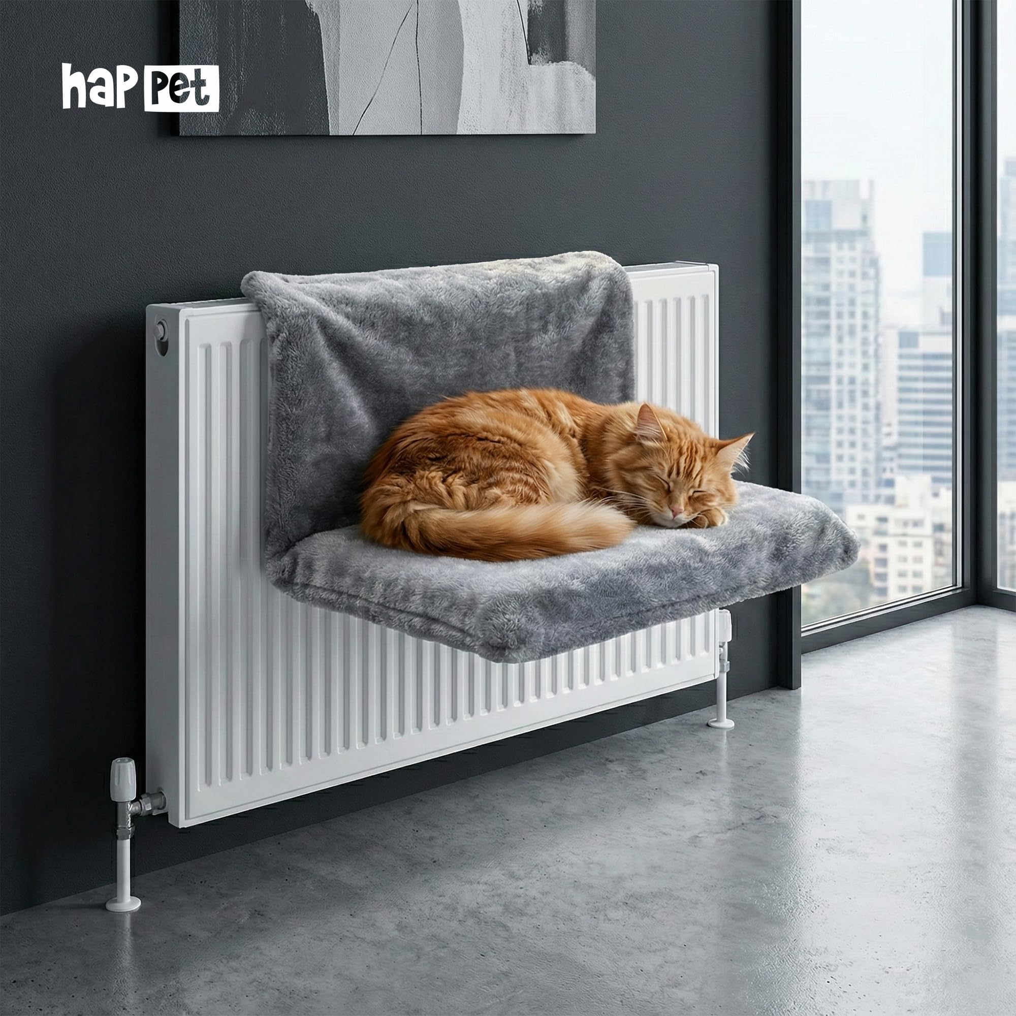 HAPPET CT25 Półka Grzejnikowa dla Kota 45 × 30 × 24,5 cm – Stabilne Legowisko na Kaloryfer, Ciemnoszare