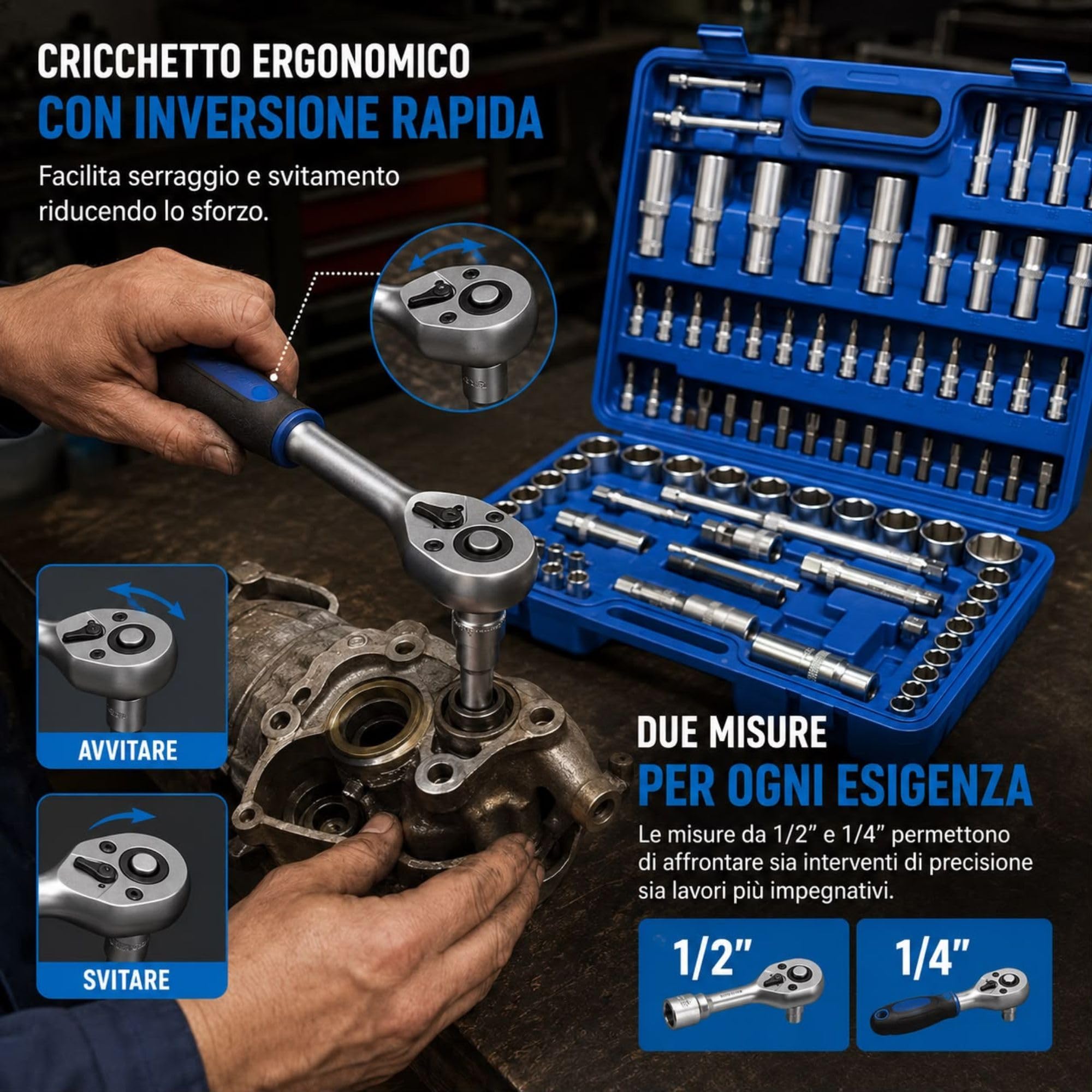 108 Pezzi CR-V 1/2" e 1/4" Chiavi a Cricchetto PROFESSIONALI con Valigetta