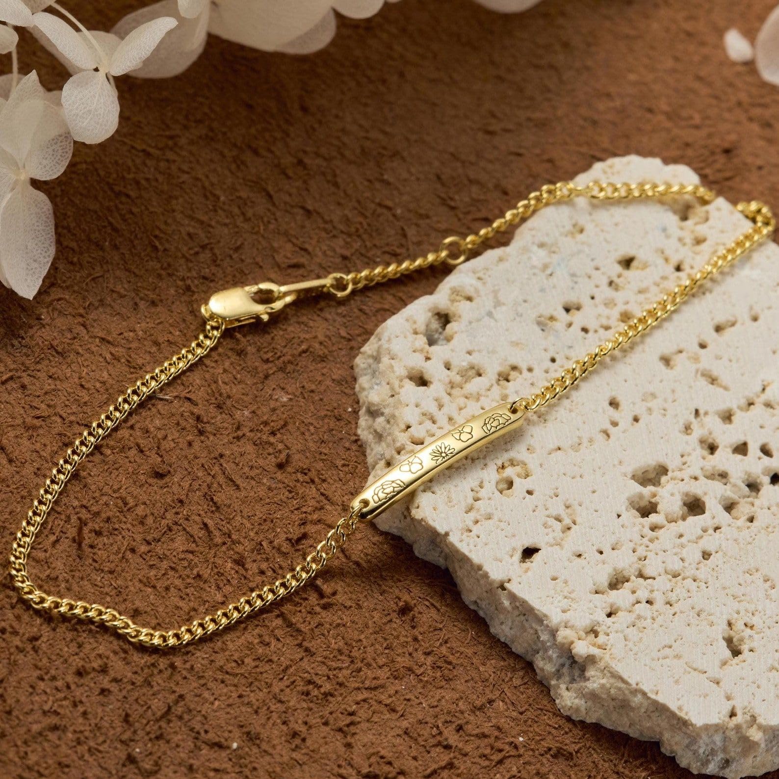 Personalizado familia flor de nacimiento barra Pulsera con la cadena de la corte plata de ley 925 delicado Pulsera de la joyería miniatura Cumpleaños Día de la madre