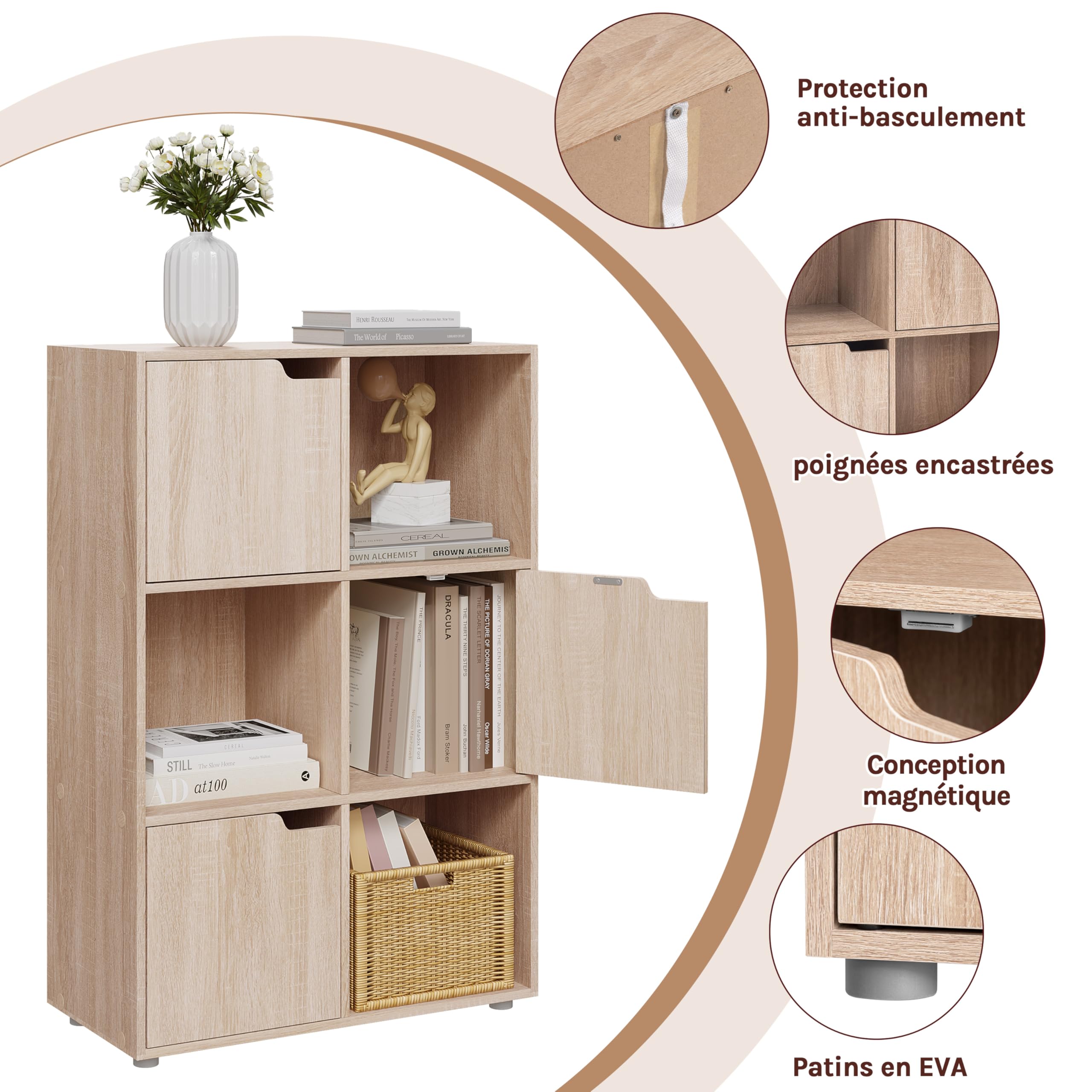WOLTU Bibliothèque Armoire Etagère de Rangement 59,6x29x91cm en MDF pour Salon Bureau avec 3 Portes 6 Compartiments,Chêne Clair