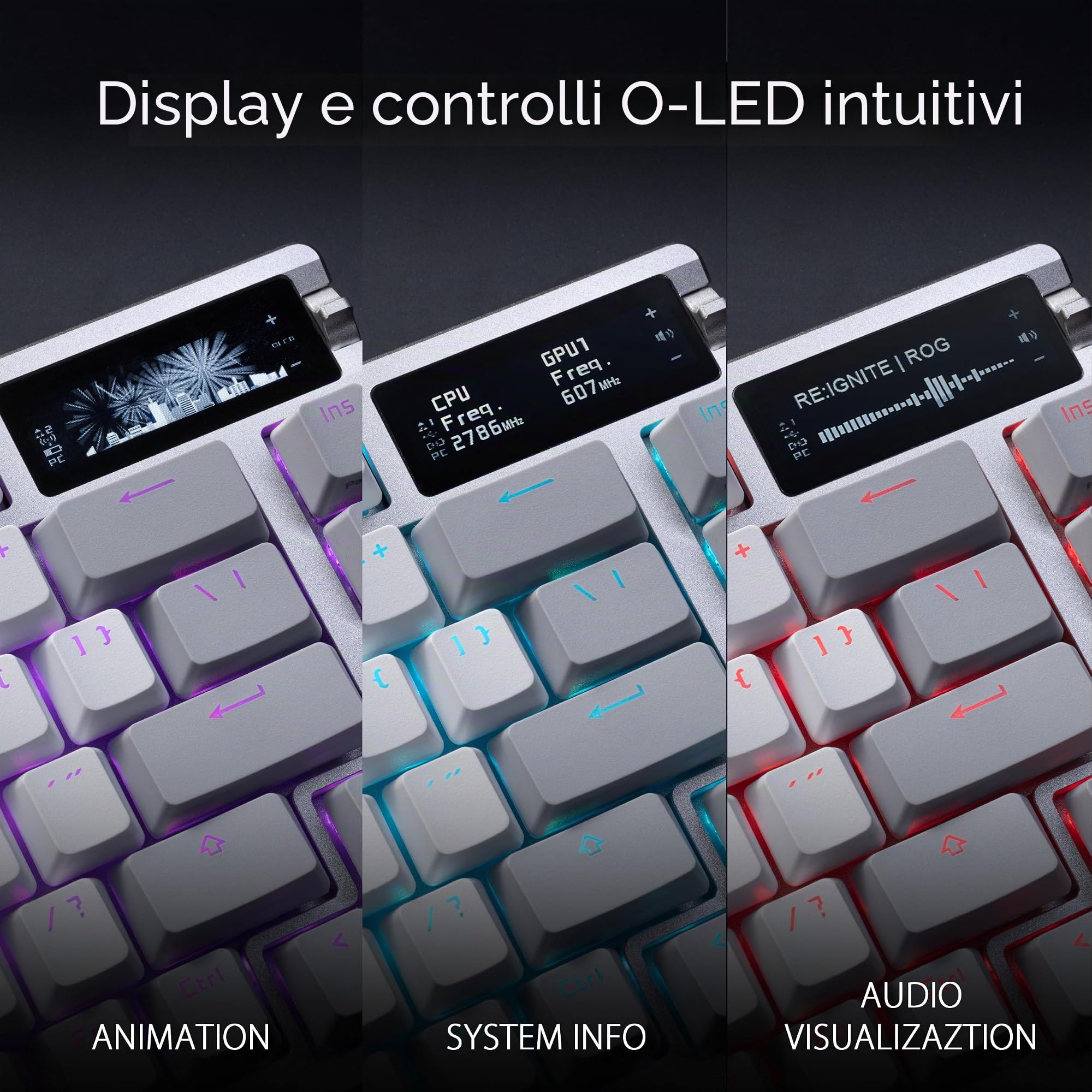 ASUS ROG Azoth White - Tastiera meccanica Gaming con connessione tri-modalità, display OLED, montaggio a giunto, switch e stabilizzatori di tastiera ROG NXRed prelubrificati, Hot-Swap, AZERTY Francese