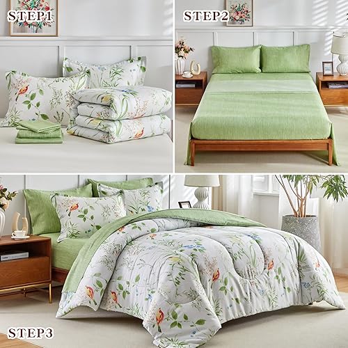 Miniatura 4 de Joyreap Bed in a Bag - Juego de sábanas de edredón floral de 7 piezas, hojas coloridas sobre blanco para todas las estaciones, juego de ropa de cama