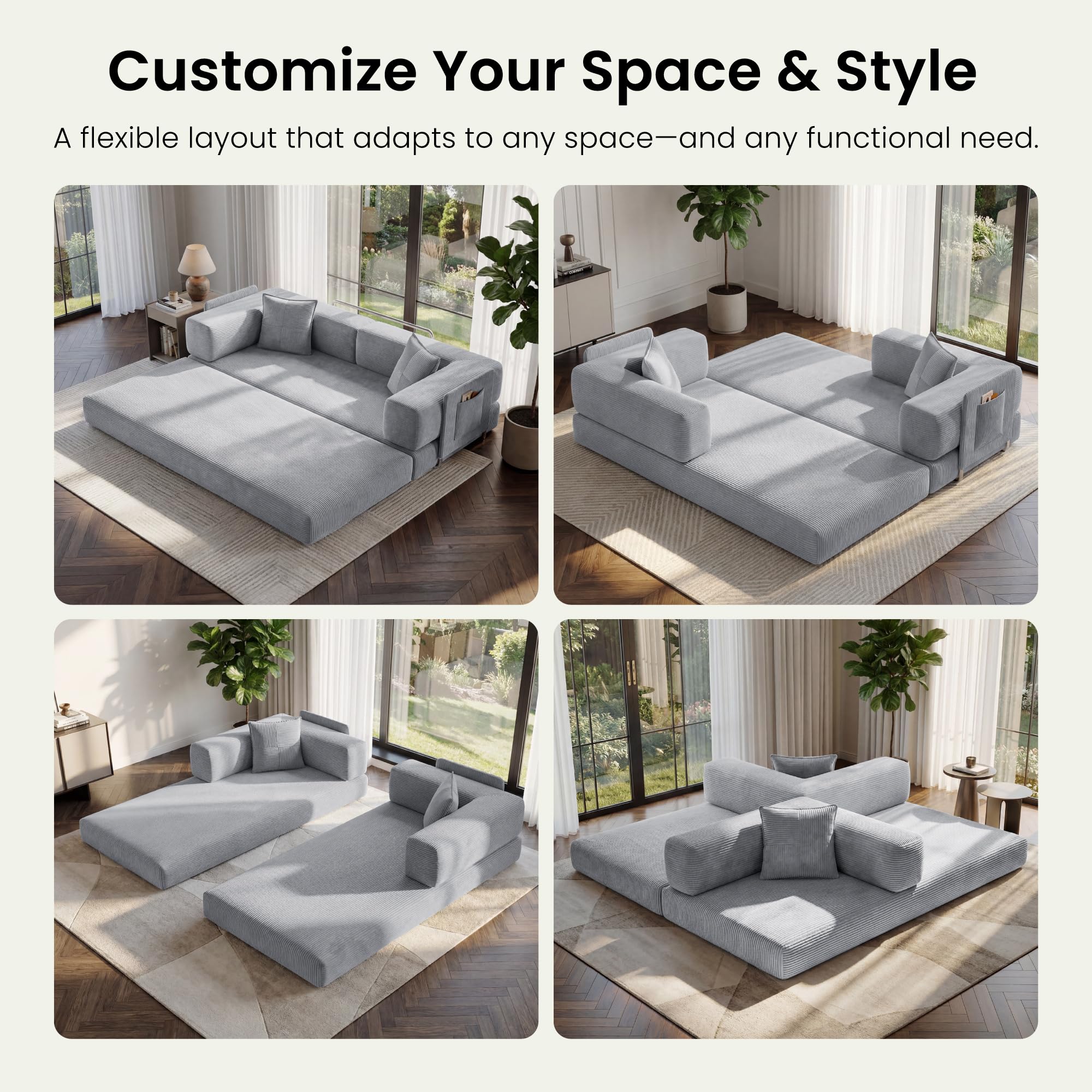 78.8" Convertible Futon Sofa Bed, Boneless Couch for Living Room | Corduroy Boneless Loveseat Sleeper Sofa, Modular Futon Couch with Storage Pocket, Pull Out Couch No Assembly | Grey