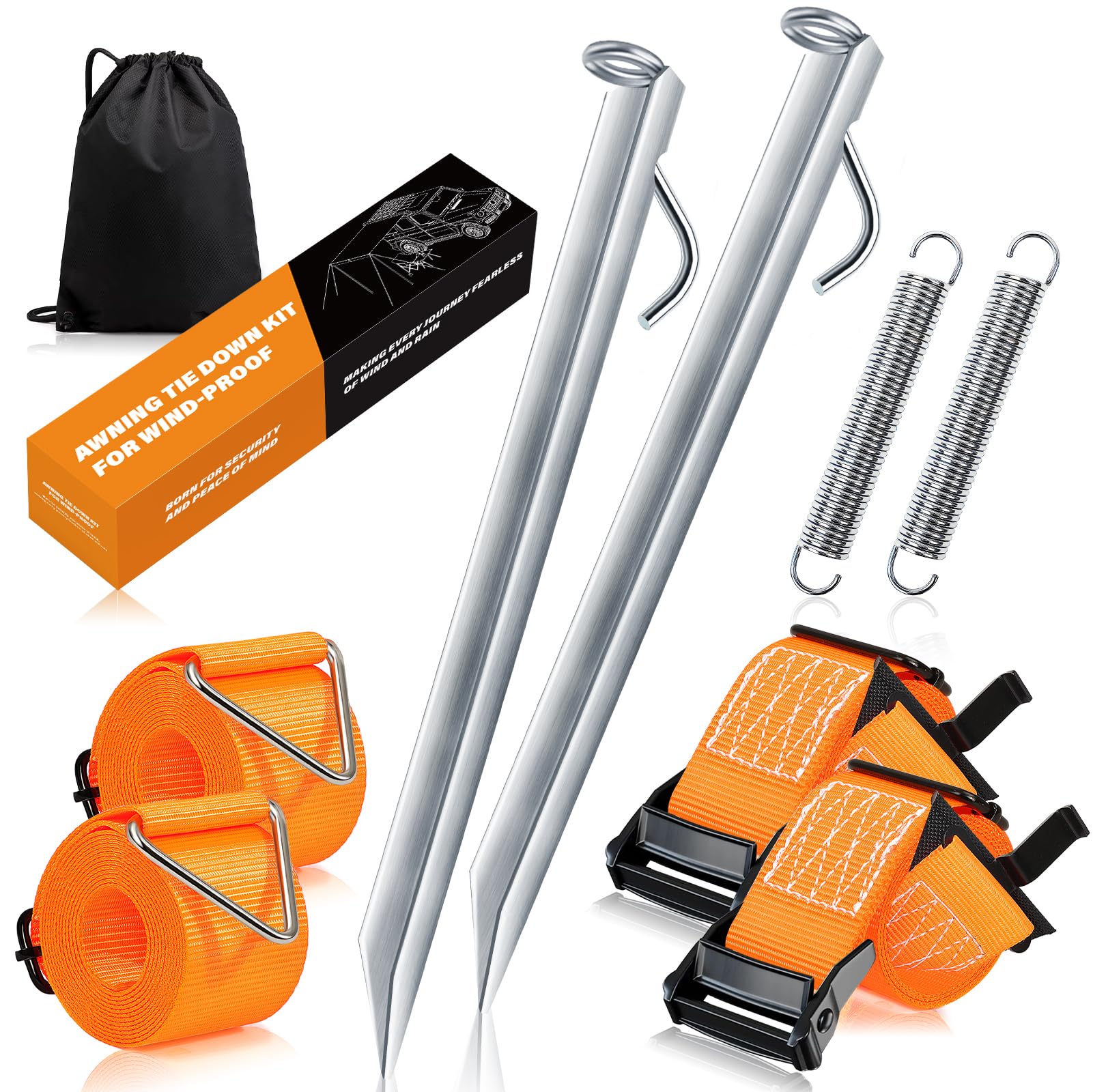 Sturmband für Vorzelt & Markise – 5cm Breites Gurtband, 38cm Erdanker Sturmsicherung vorzelt, Sturmbänder für Markisen, Abspanngurte Markise Wohnmobil, Abspannseile camping mit S-Haken und T-Verbinder