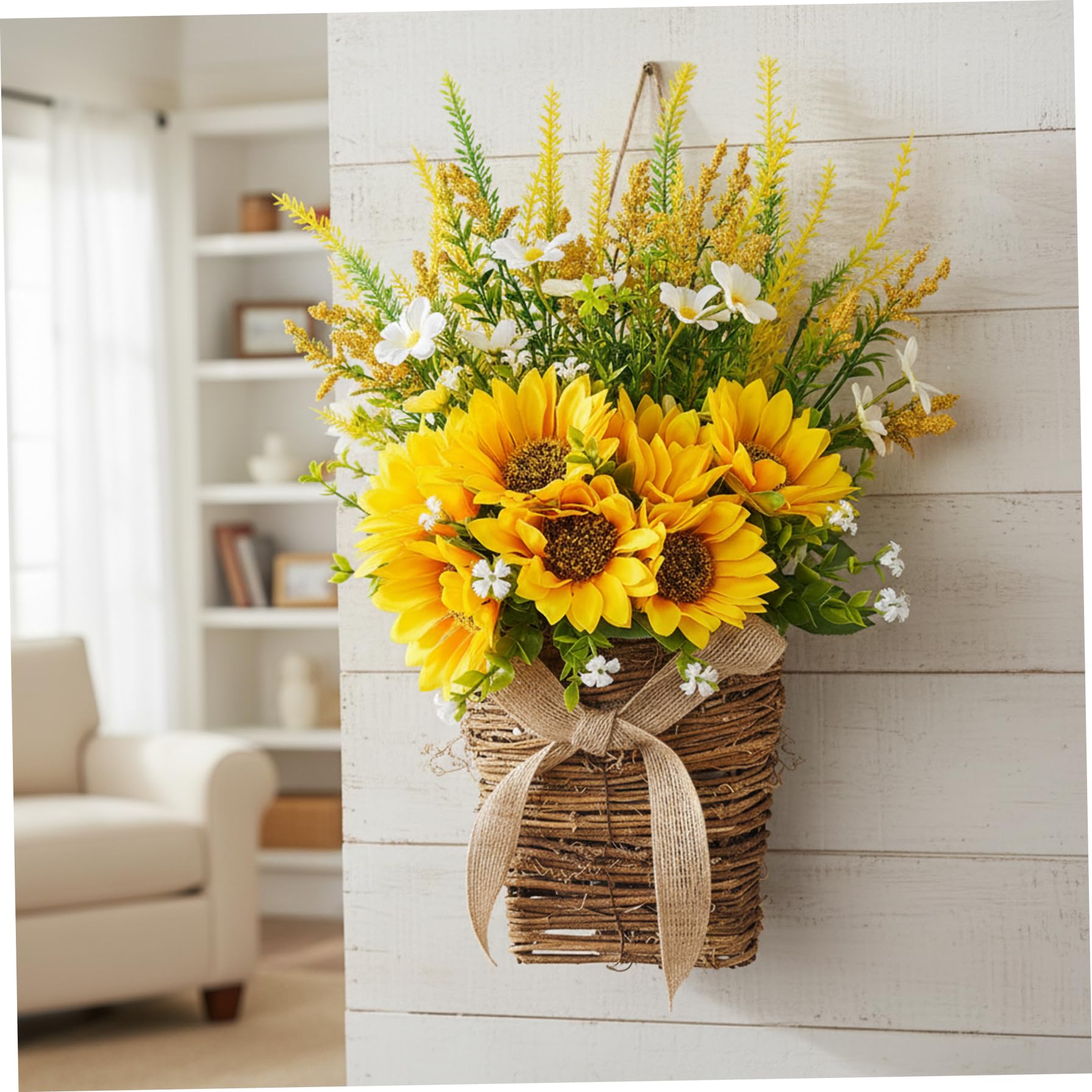 Basket Wreath for Front Door, Spring Wreath with Sunflowers and Burlap Bow, Yellow Farmhouse Indoor Outdoor Wall Decor (32cm/12.6in), Front Door Basket