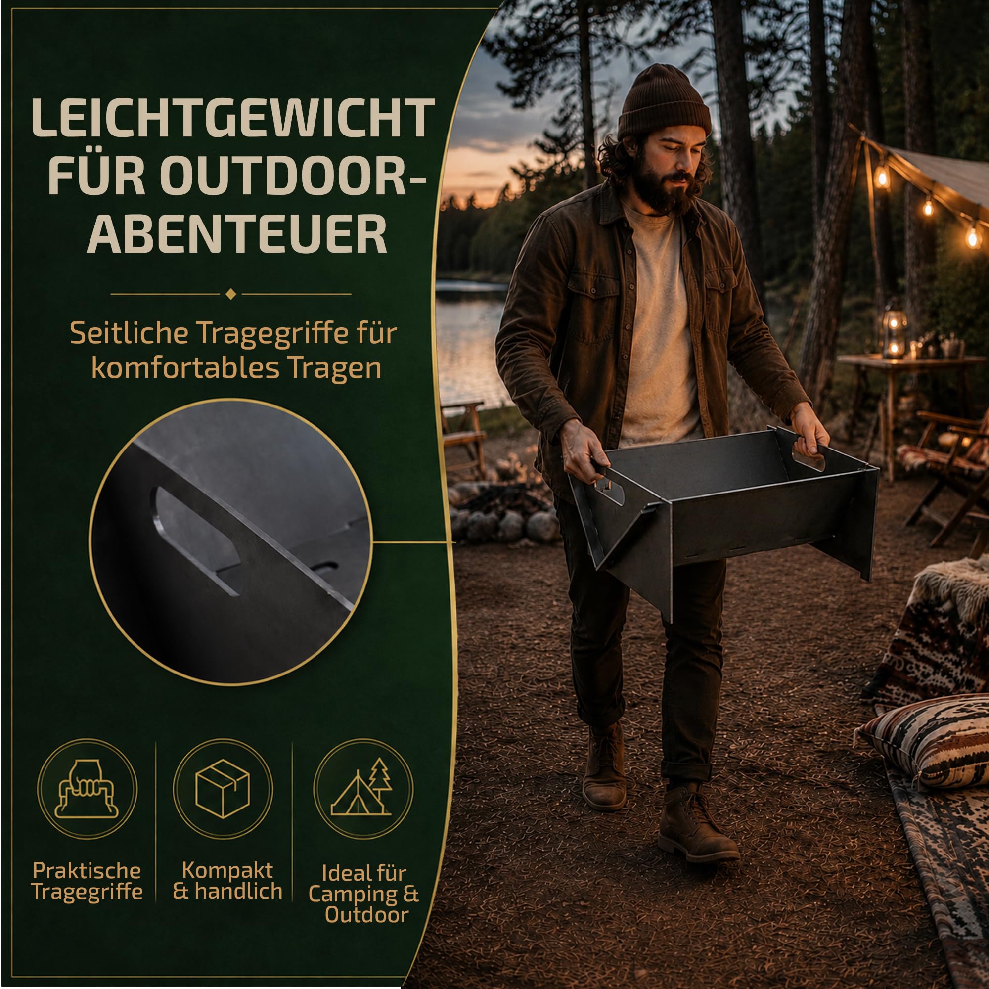 CAMBEL Braciere da campeggio in acciaio, 4 mm, braciere portatile, per esterni, sistema a incastro, compatto per giardino e campeggio, con borsa per il trasporto