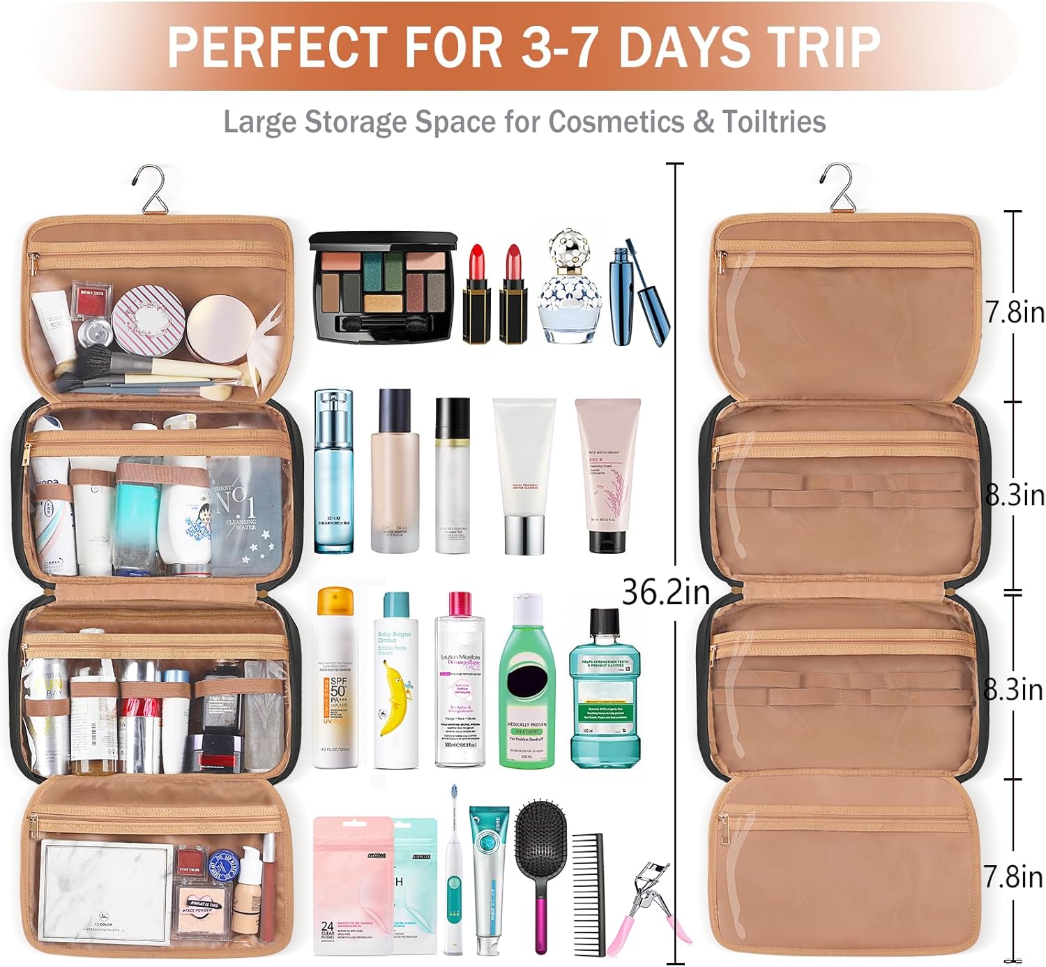 Travel Toiletry Organizer - Hanging Toiletry Bag for Full-sized Toiletries, Portable Water-resistant with Hanging Hook and 4 Compartments for Travel Essentials and Cosmetics - Image 3