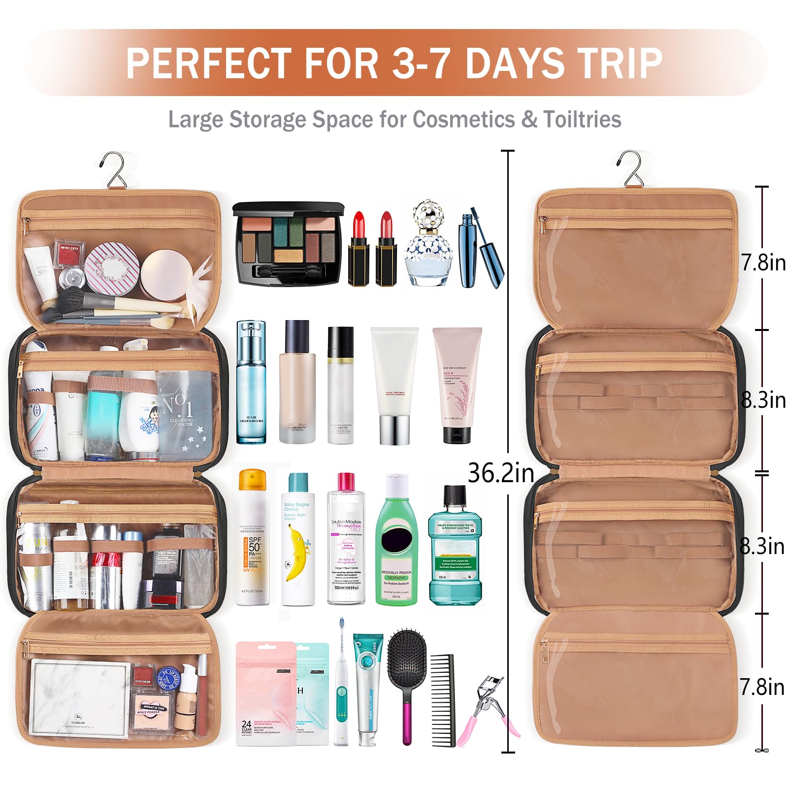 Beauty case da viaggio da donna da appendere, organizer da viaggio per articoli da toeletta di dimensioni standard, borsa da viaggio portatile impermeabile con gancio per appendere e 4 scomparti per