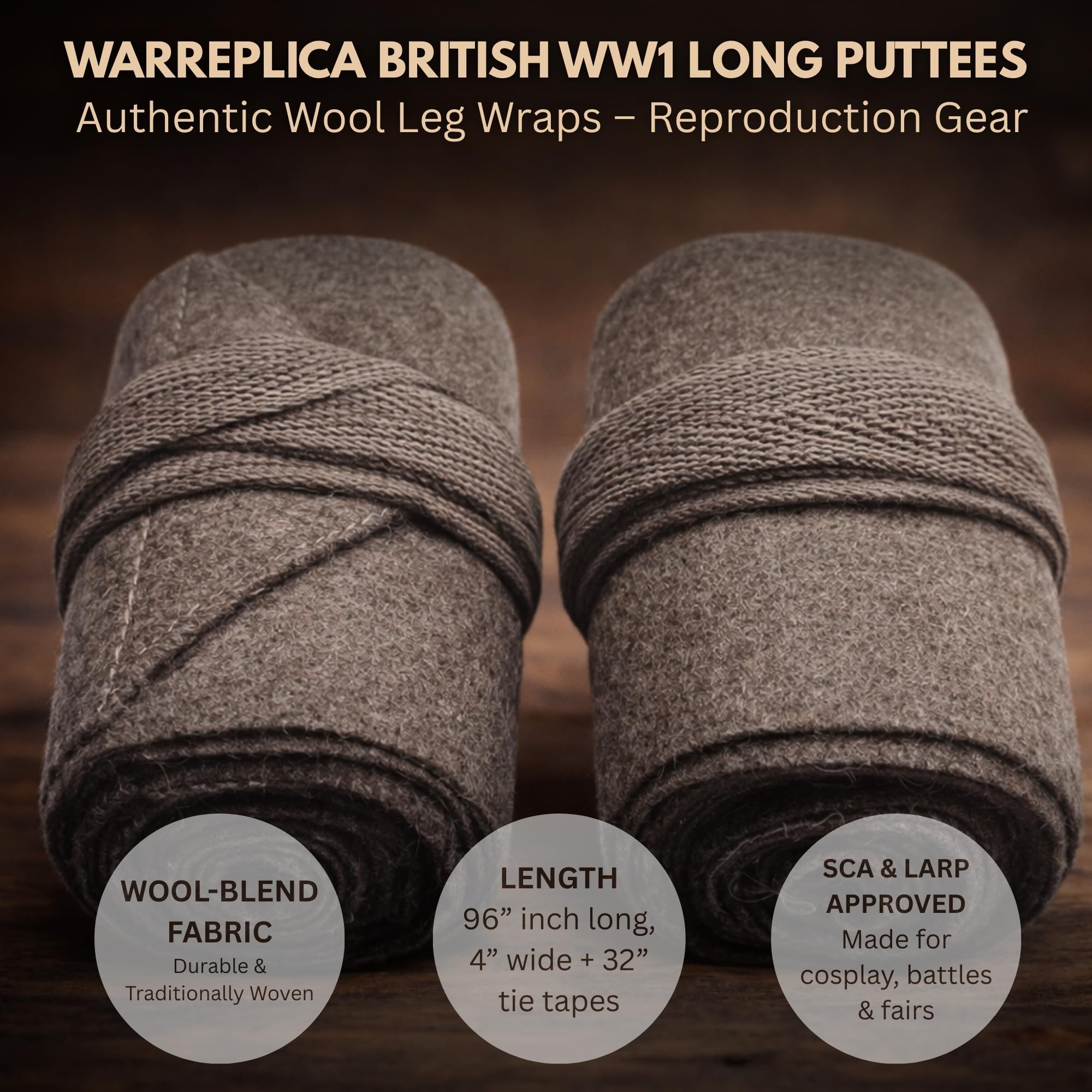 warreplica Guêtres longues britanniques de la Première Guerre mondiale (réplique) | médiévales (Grandeur Nature) en laine viking - Marron | Accessoire de costum
