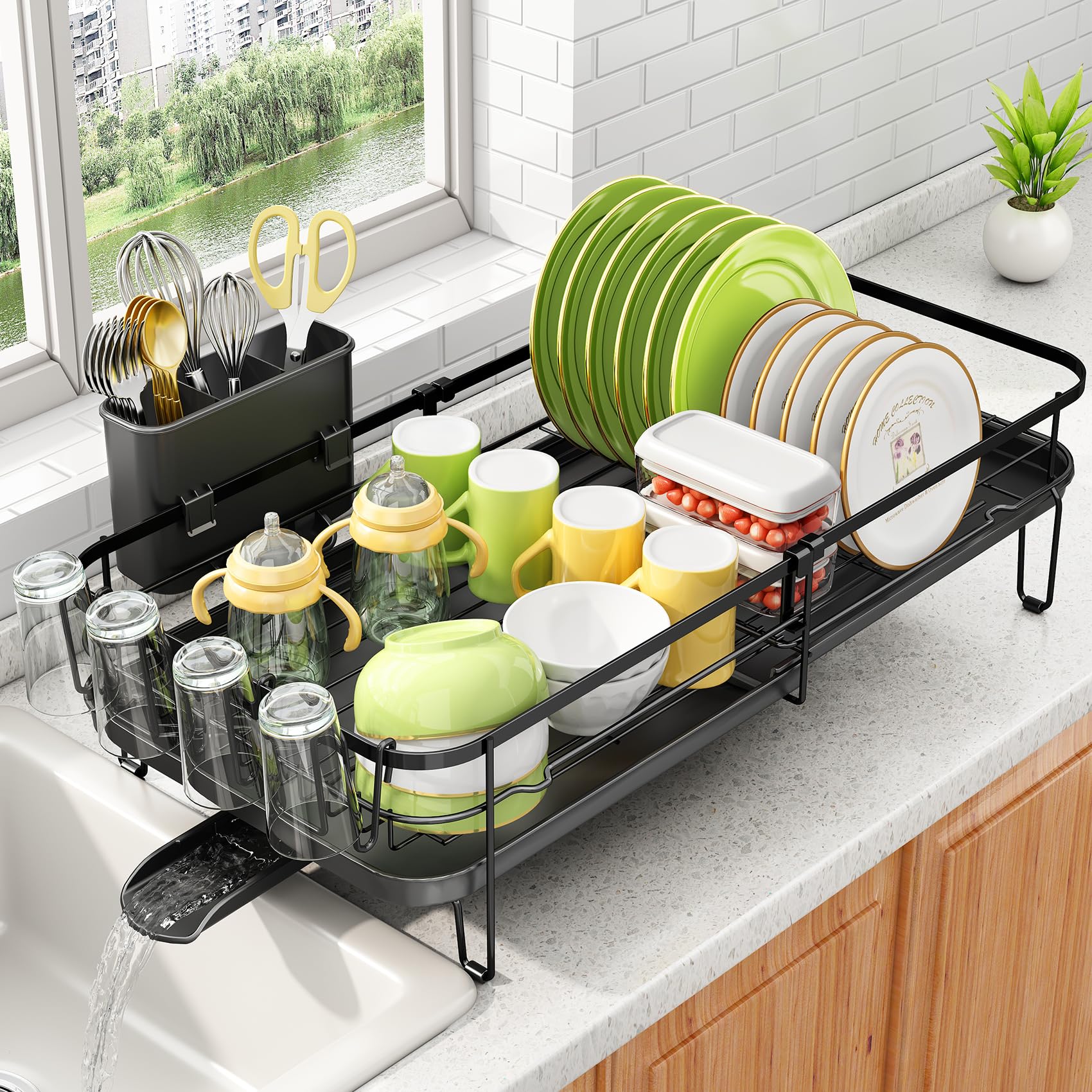 SNTD expandable dish drying rack compact black with utensil and cup holder
