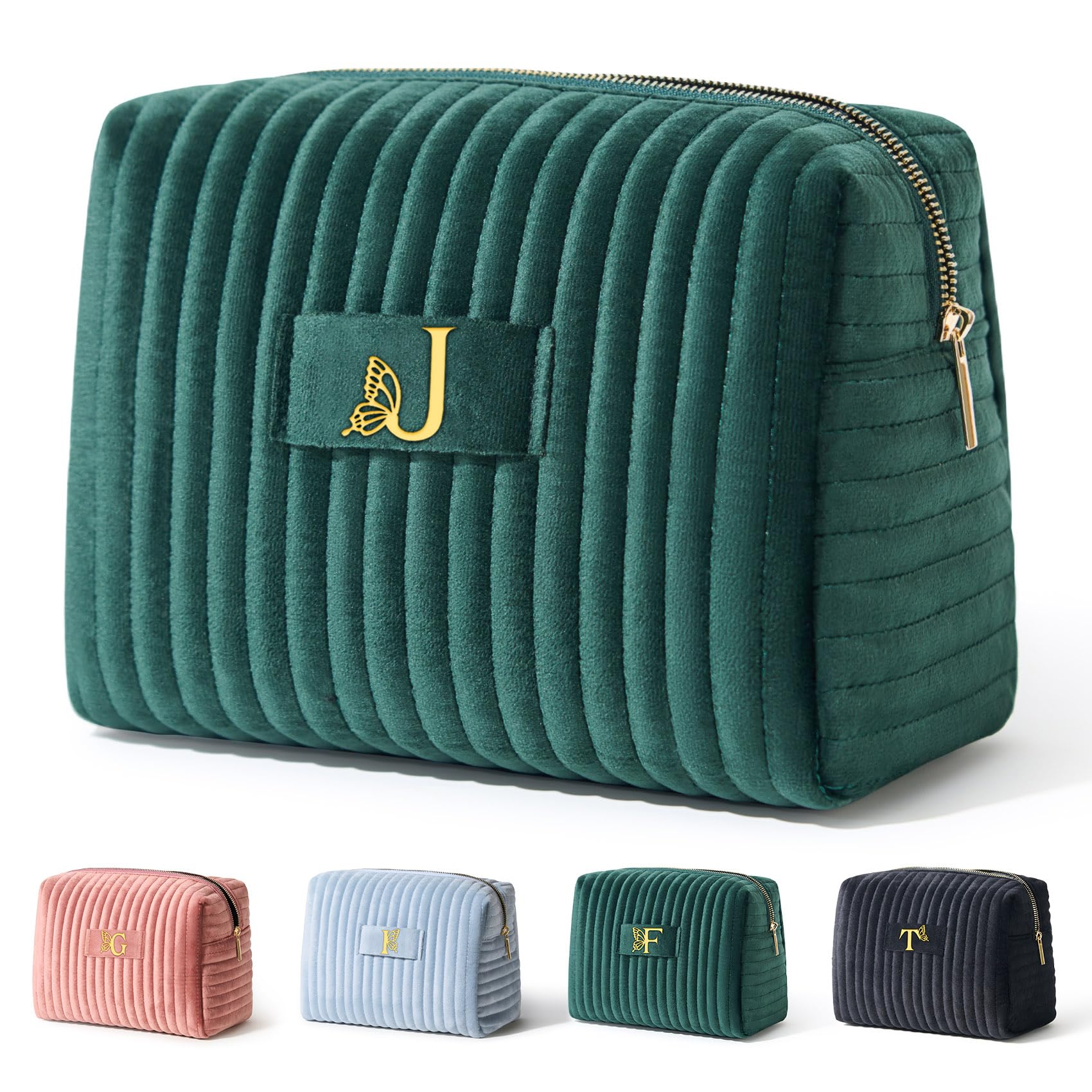 COSHAYSOO Travel Makeup Bag Quilted Make Up Pouch Initial Cosmetic Case with Butterfly Decorations for Women Compact Mirror Traveling Size Beauty Tools Accessories Organizer Green Velvet Letter J