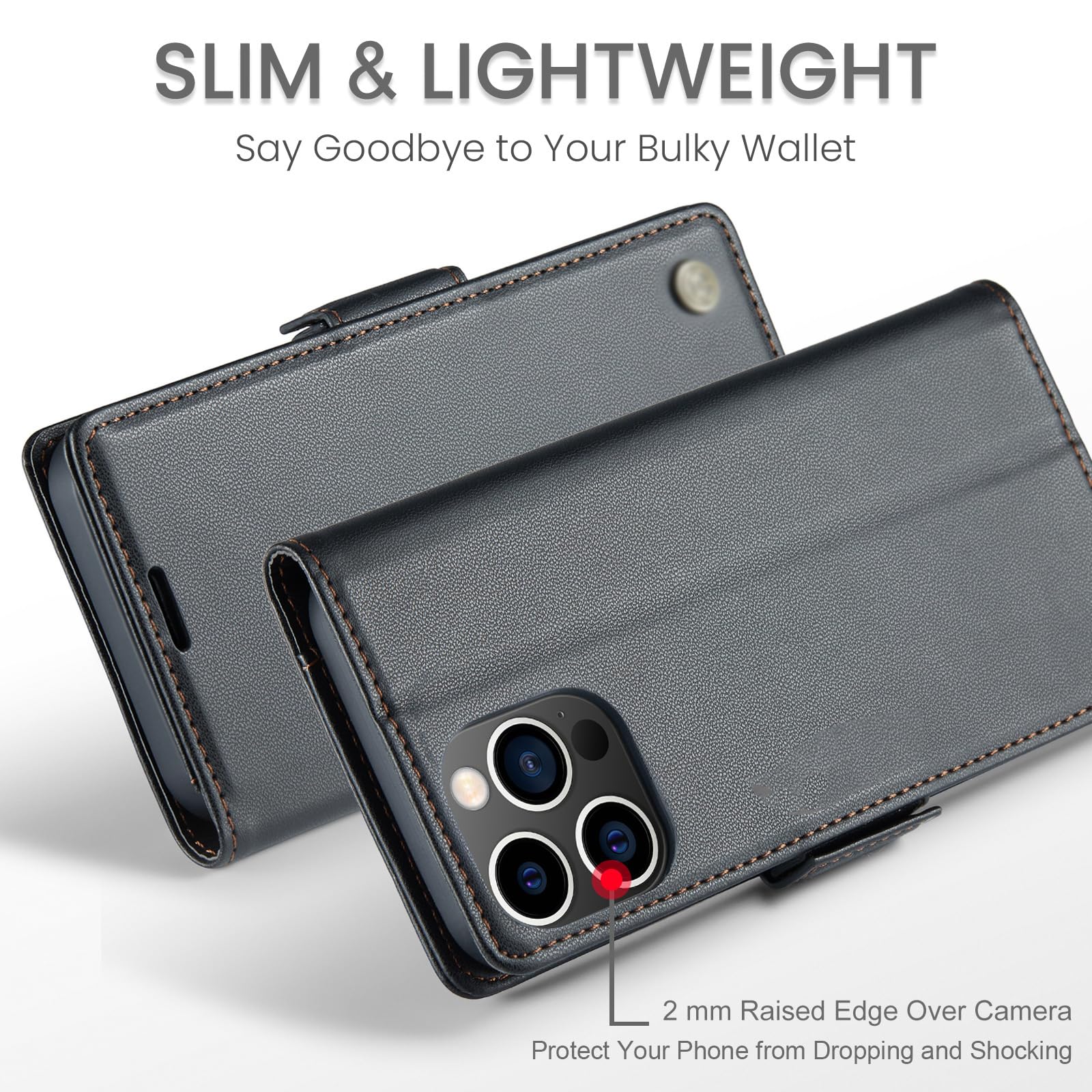 MOHDHAF - Custodia di lusso per iPhone 15 Pro Max/15 Pro/15 Plus/15 - Custodia in vera pelle con scomparti per carte di credito, pieghevole, colore: marrone, 15 Pro Max