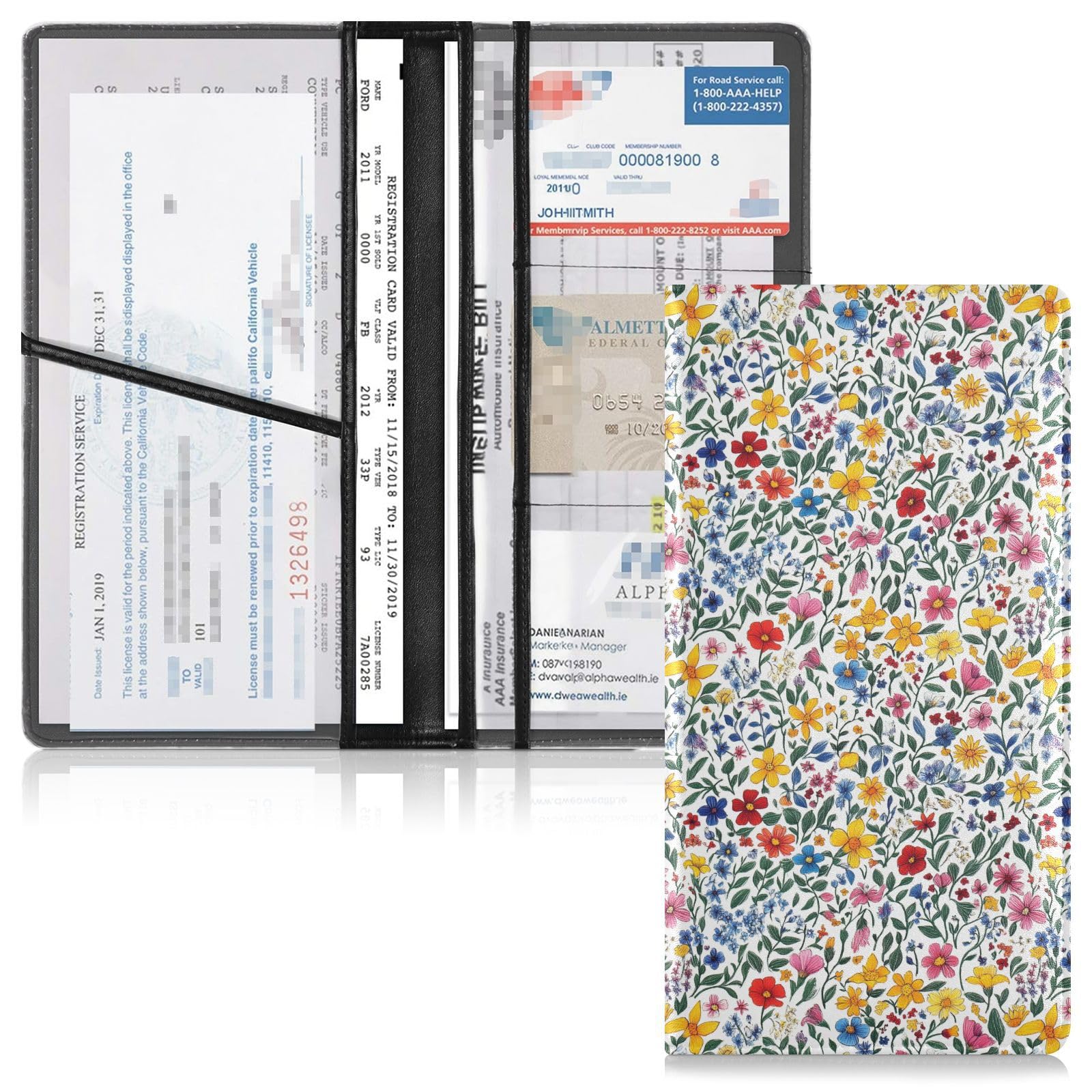 GuoChe Pu Leather Registration and Insurance Card Holder Men Women Essential Car Wallet Case for Driver License, Cards & Essential Documents Spring Flowers Rustic White