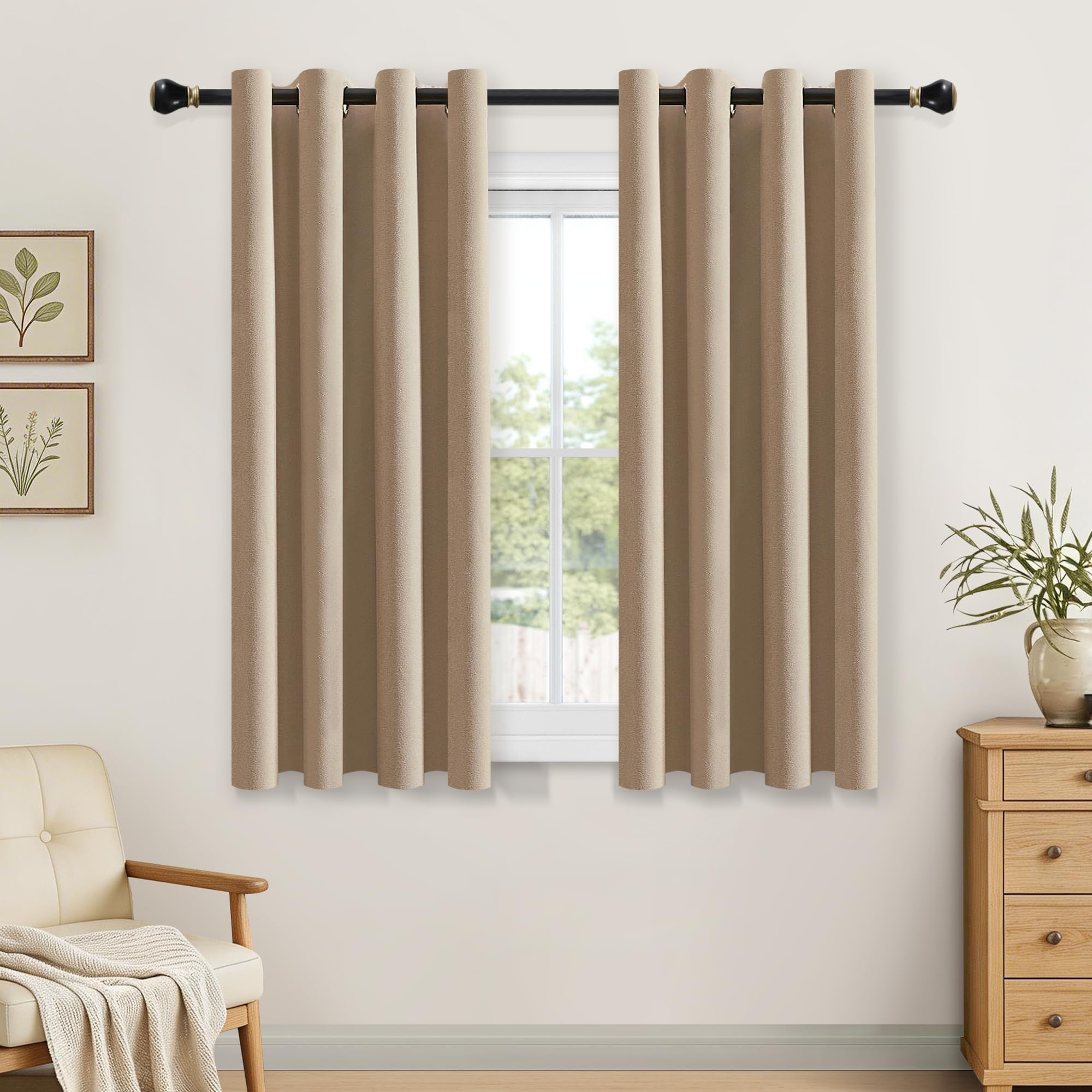 Total Blackout Curtains with Coating, Faux Linen Thermal Eyelet Bedroom Curtains 63 Inch Drop for Living Room Dining Room Restful Sleep and Privacy Soundproof, Linen Taupe, 1 Pair, 52"W x 63"L
