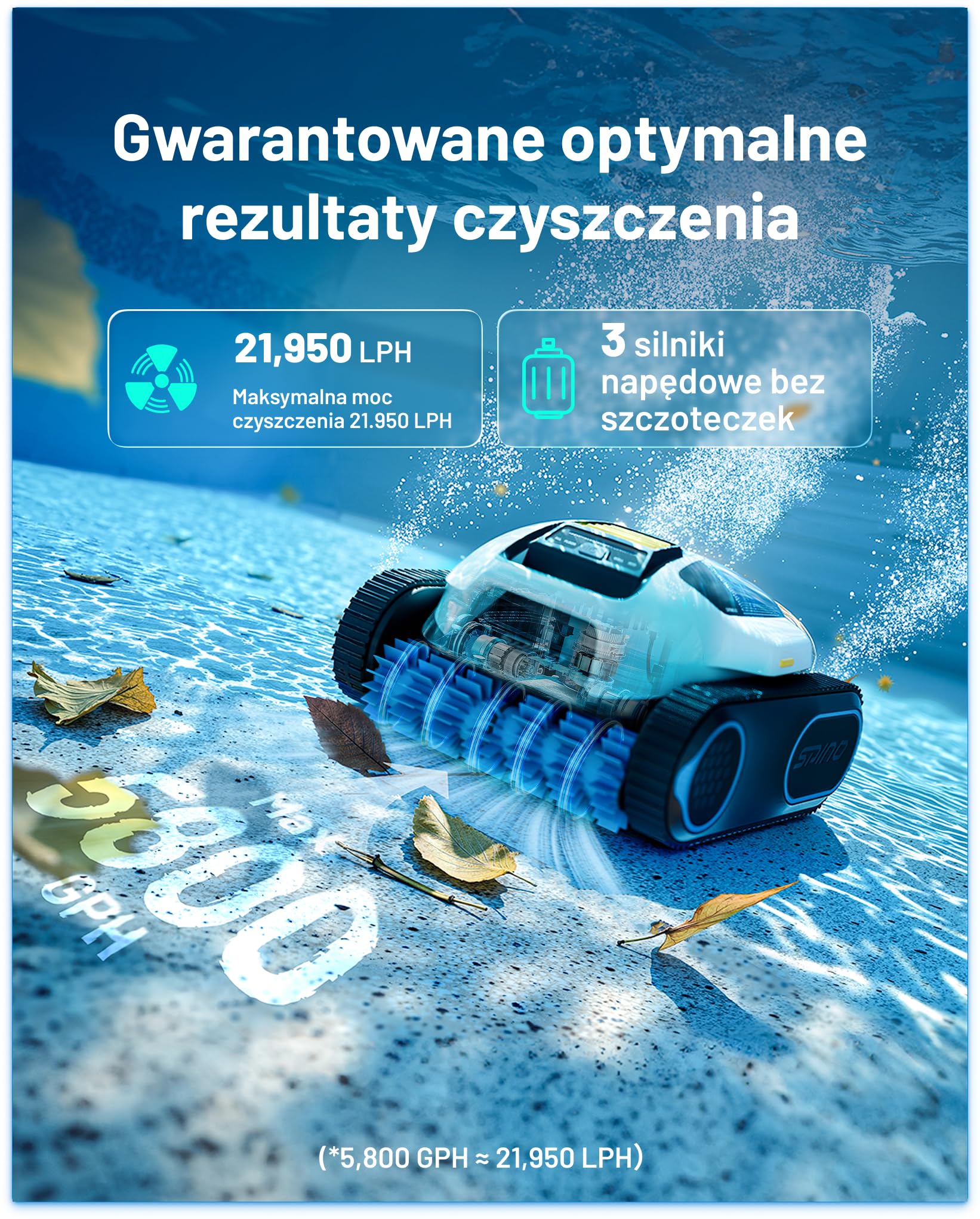 Bezprzewodowy robot basenowy SPINO E1, czas pracy 210 minut, wydajność 21950 l/h, 5 trybów pracy robota basenowego, czyszczenie ścian i linii wodnej, sterowanie aplikacją, ścieżka SmartArc