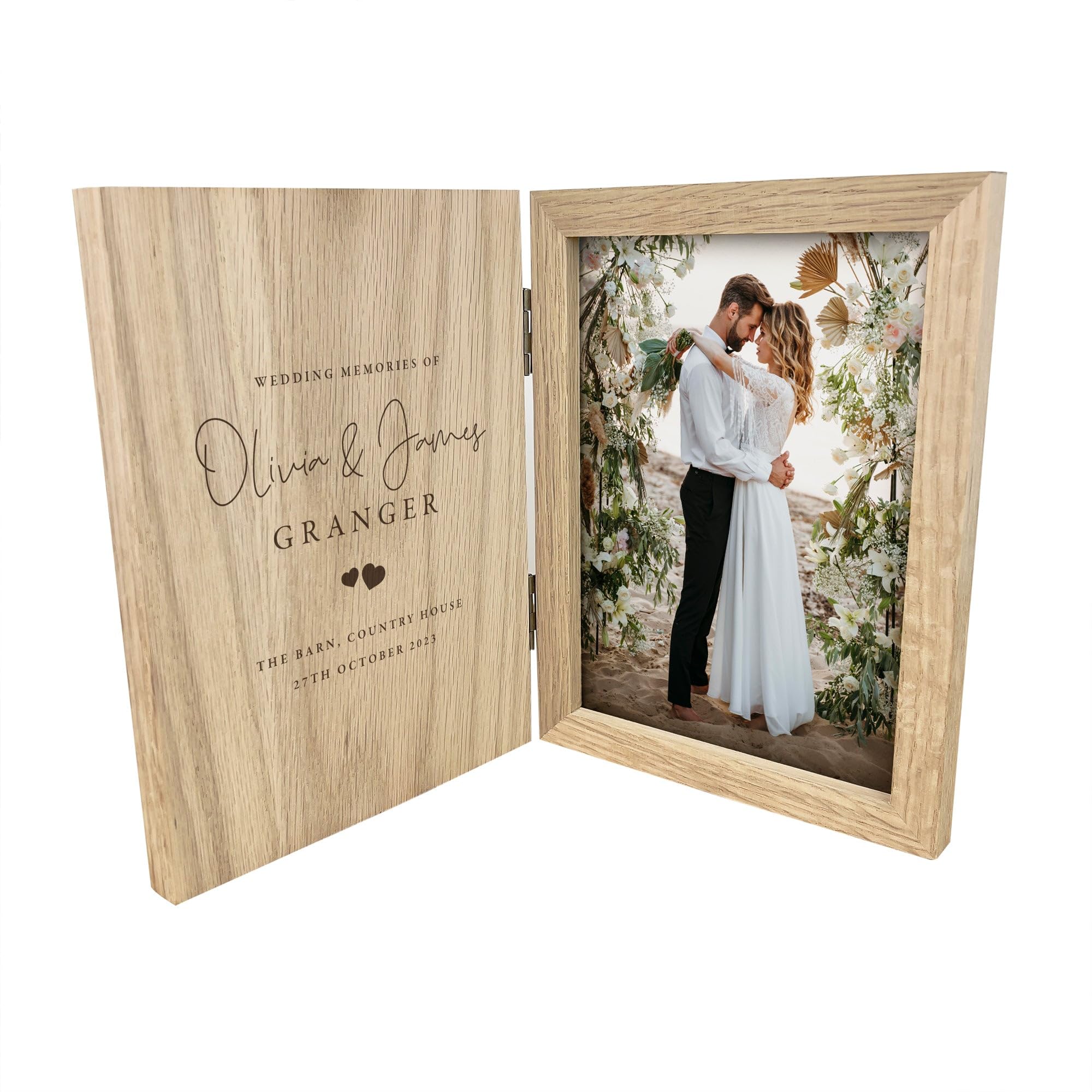 Personalised Wedding Book Photo Frame | Text with Couple's Names & Date | Pine Wood 7x5 Picture Frame | Thoughtful Gift for Newlyweds Anniversary