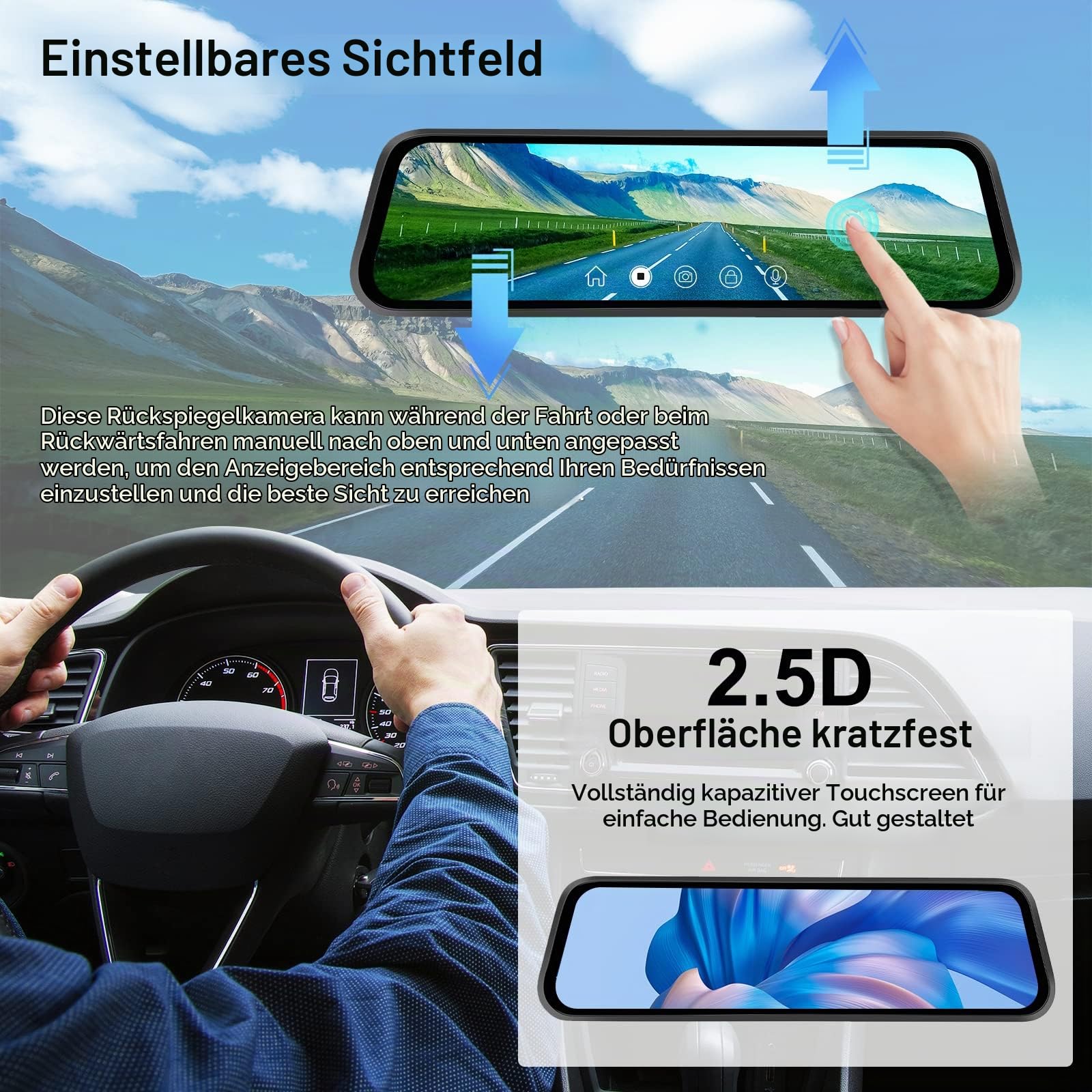 Hodozzy Dashcam Rückspiegel Kamera, 9,66 Zoll IPS LCD Touchscreen Smart Rückspiegel für Autos, HDR Front- und Rückansicht Dual Kameras 1080P, Nachtsicht, Parküberwachung, Loop-Aufnahme Spiegel Dashcam