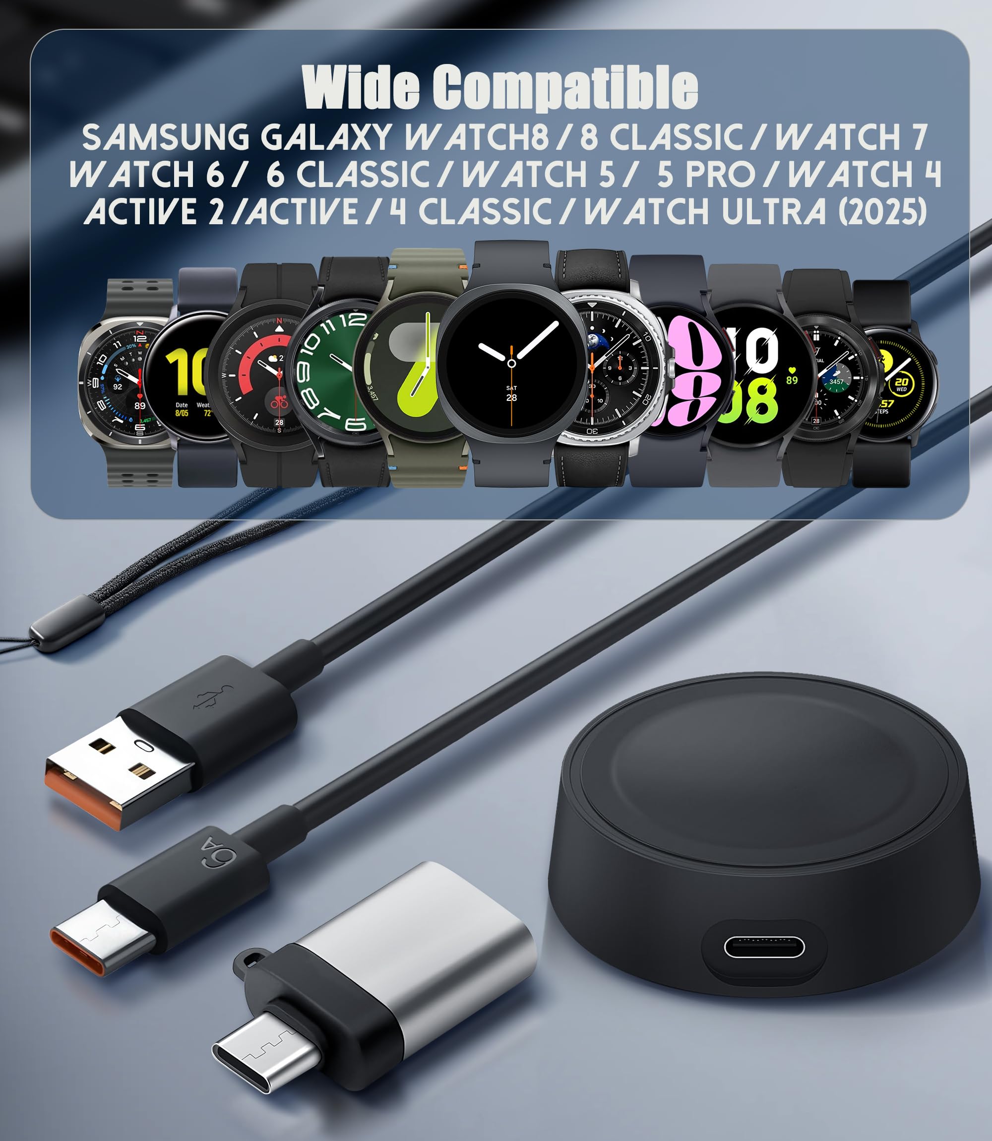 Kabel do ładowania kompatybilny z Samsung Galaxy Watch 8/8 Classic/Watch 7/Ultra/6/6 Classic/5/5 Pro/4/4 Classic/3/Active/Active 2, magnetyczna stacja ładująca, ładowarka z adapterem USB A na