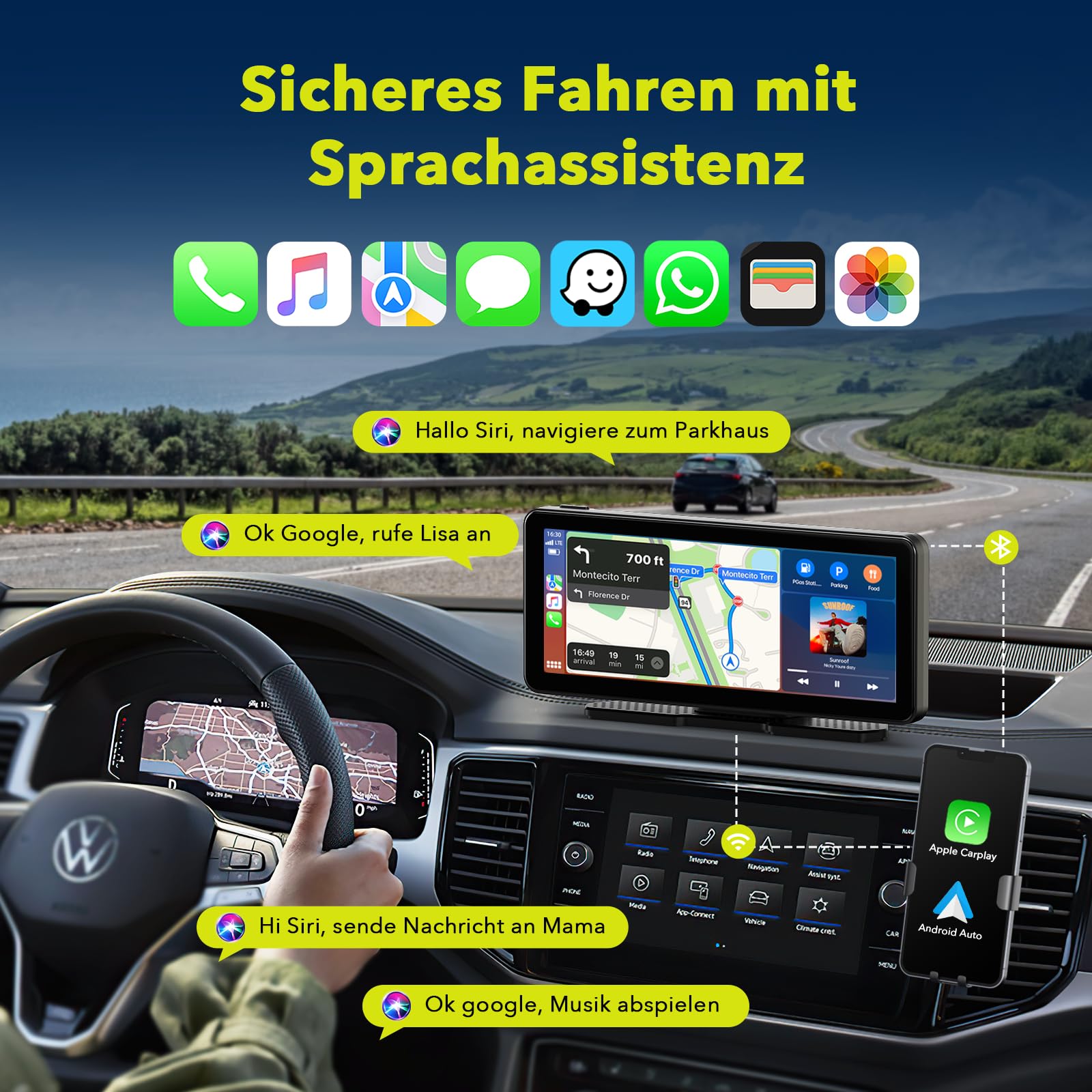 LAMTTO Wireless Carplay Display mit Dashcam 2.5K für CarPlay &Android Auto | 6,86 Zoll Tragbares Car Play Bildschirm Auto mit Live-Navigation,Sprachassistent,Play Music,Mirror Link,BT5.0 AUX FM