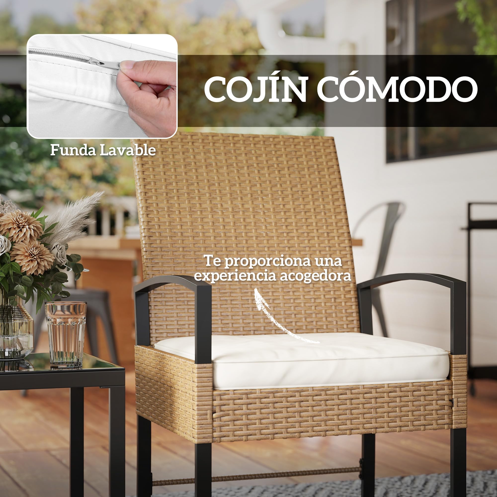 Outsunny Conjunto de Jardín Exterior de 3 Piezas con Respaldo Ajustable Juego de 2 Sillas y Mesa de Ratán con Cojines Acolchados y Encimera de Vidrio Templado para Balcón Terraza Beige y Blanco